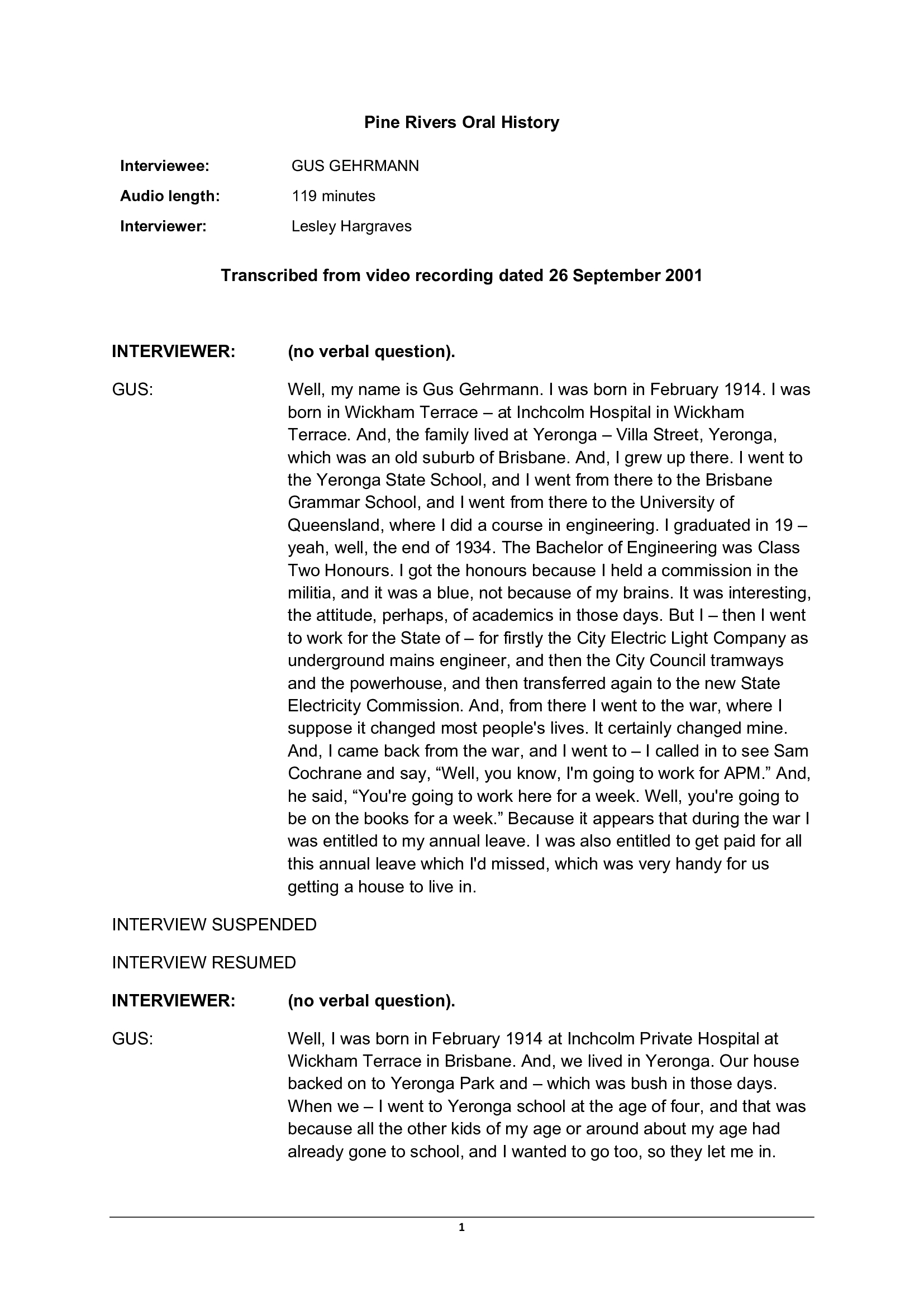 August Shaw (Gus) GEHRMANN - Interviewed on 26 September 2001 - Transcript