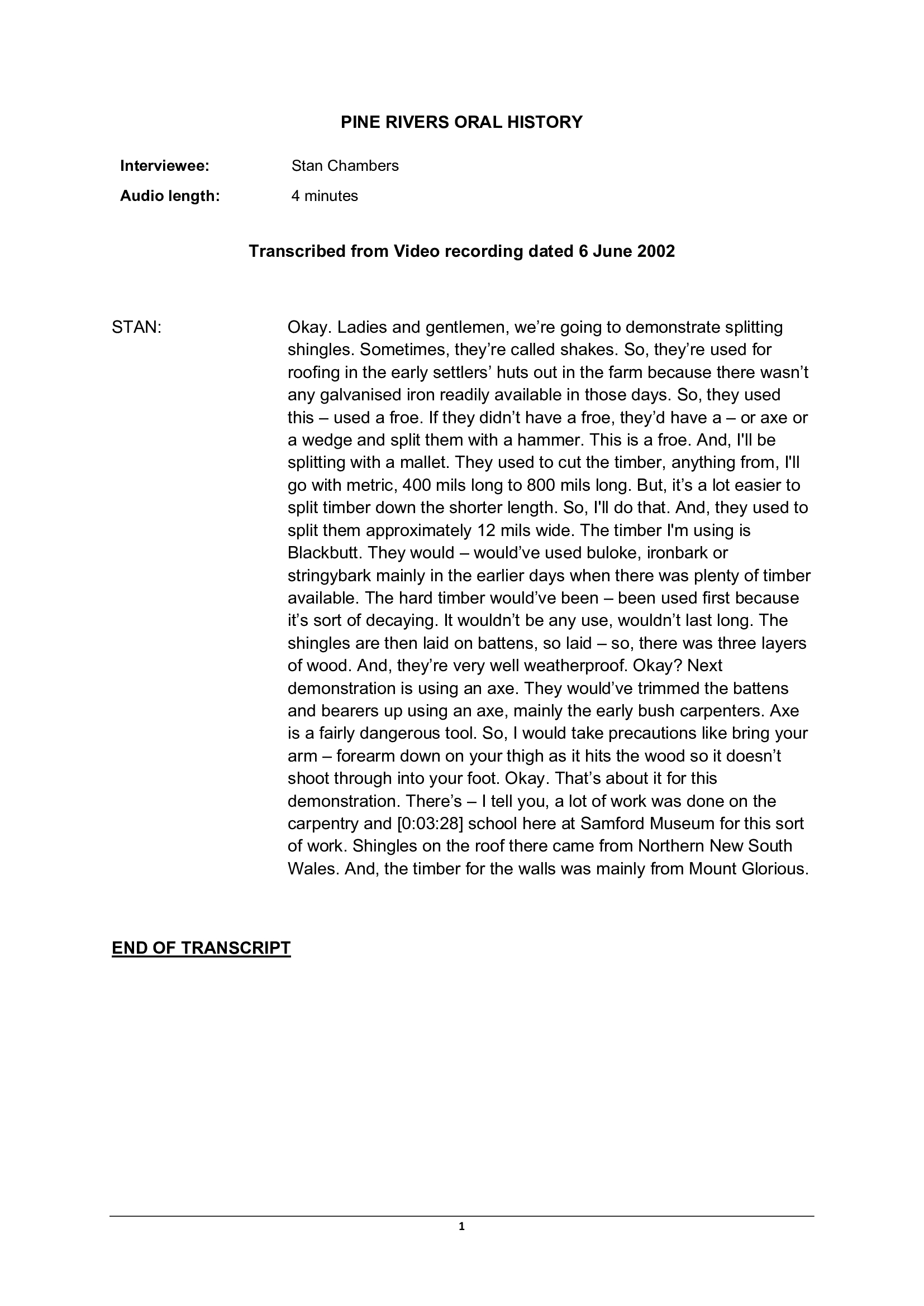 Stan CHAMBERS - Interviewed on 6 June 2002 - Transcript