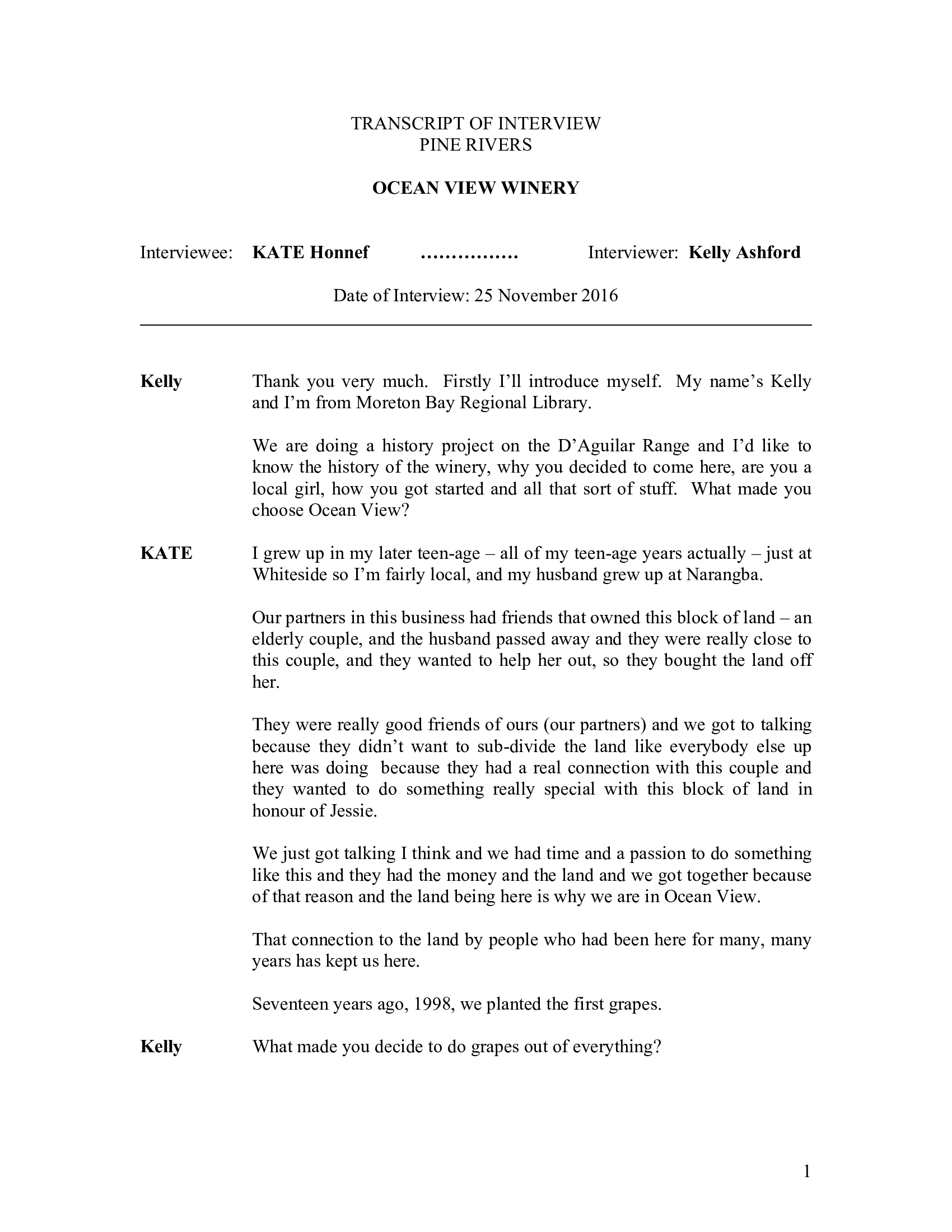 Kate Honnef oral history interview, 25 November 2016 - Transcript