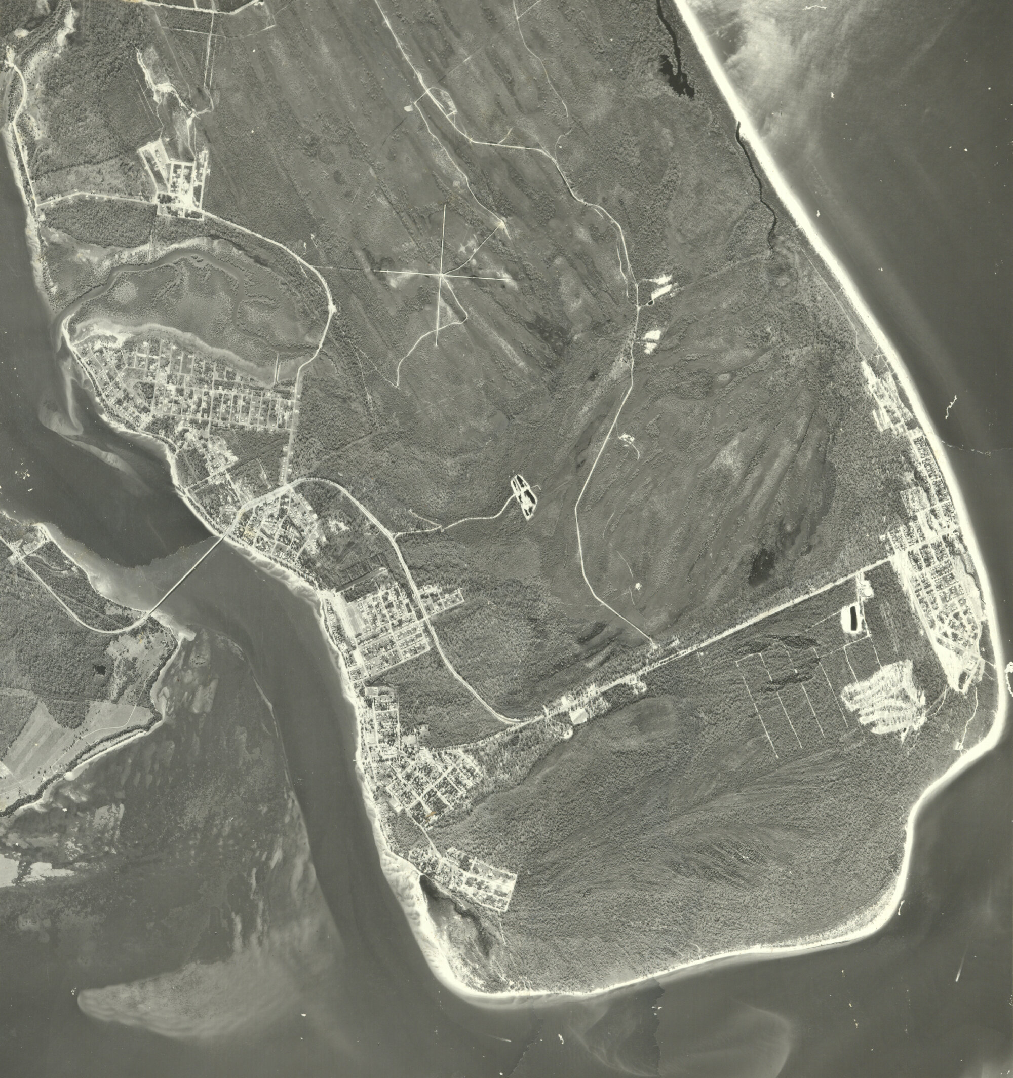 Aerial view of the southern end of Bribie Island in the mid 1970s