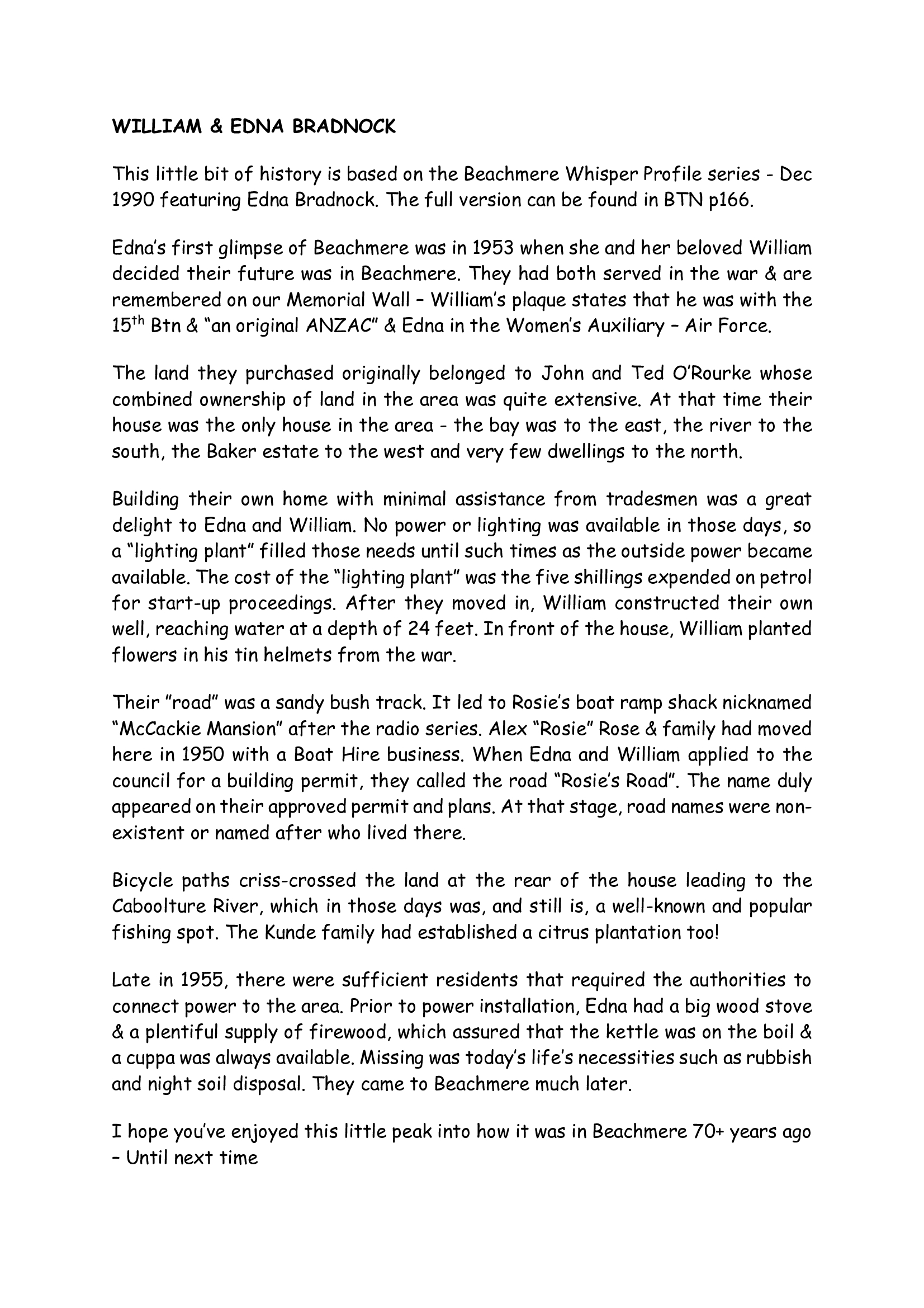 Beachmere history blog - post 9 - William and Edna Bradnock