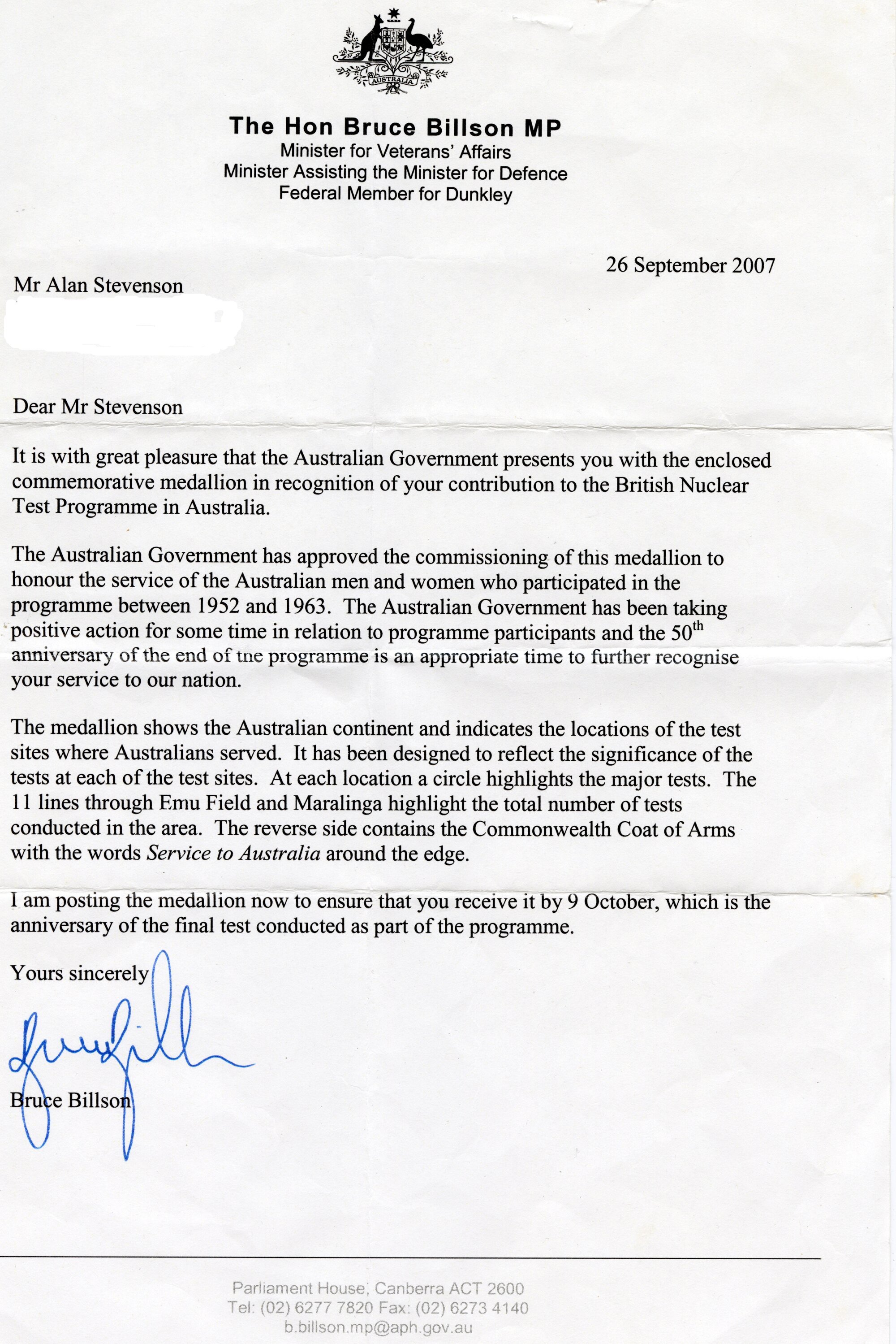 Letter from Minister for Veterans' Affairs