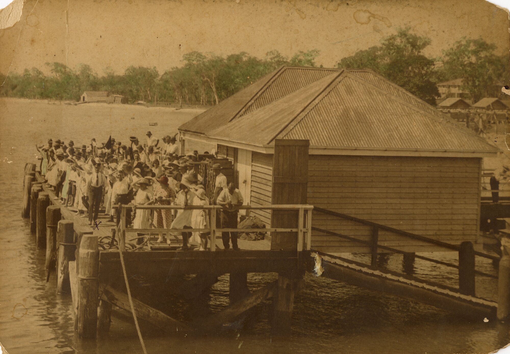 Passengers from the SS Koopa standing on Bongaree Jetty after disembarking