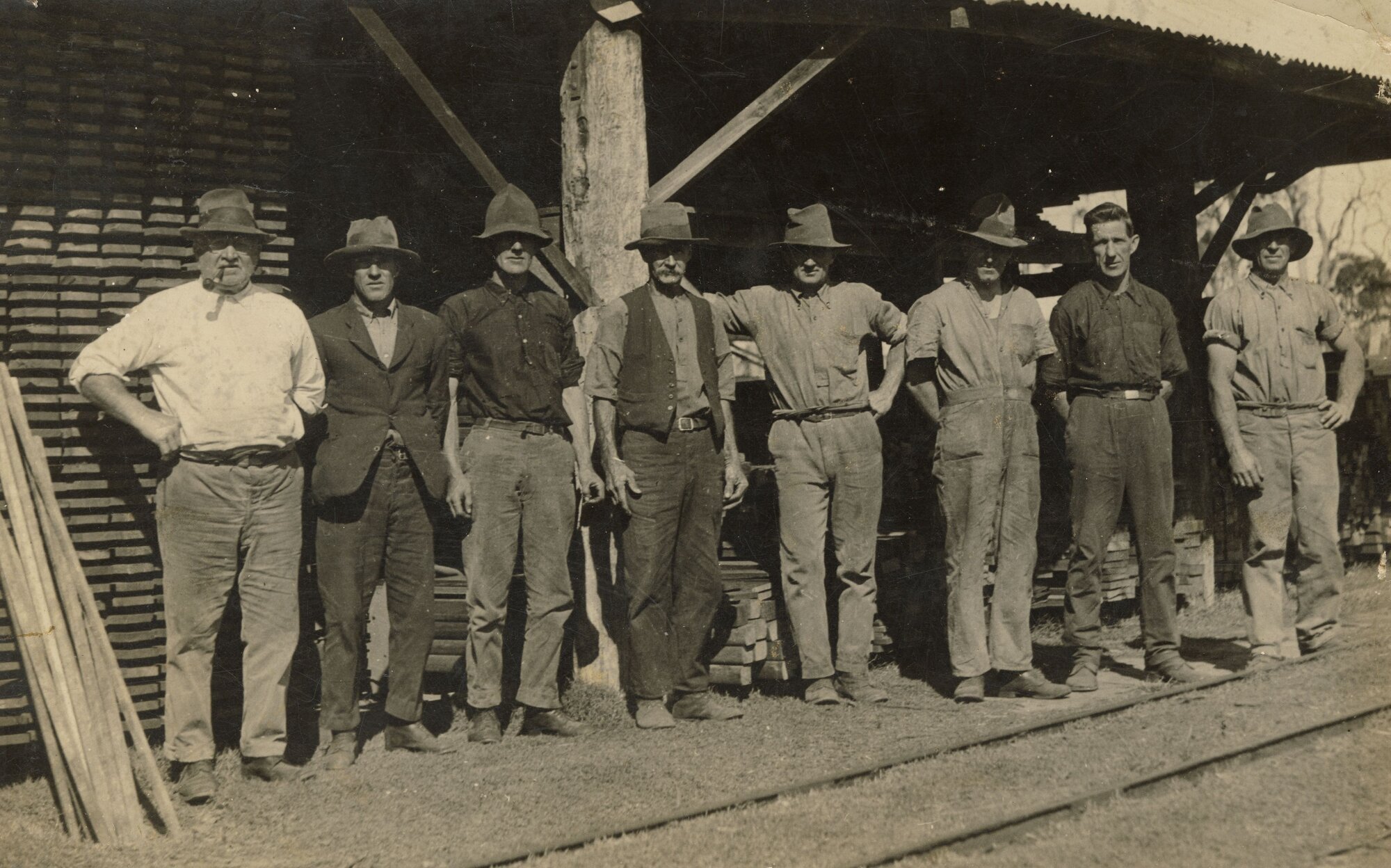 Mr M. Zanow and employees at his sawmill in Caboolture