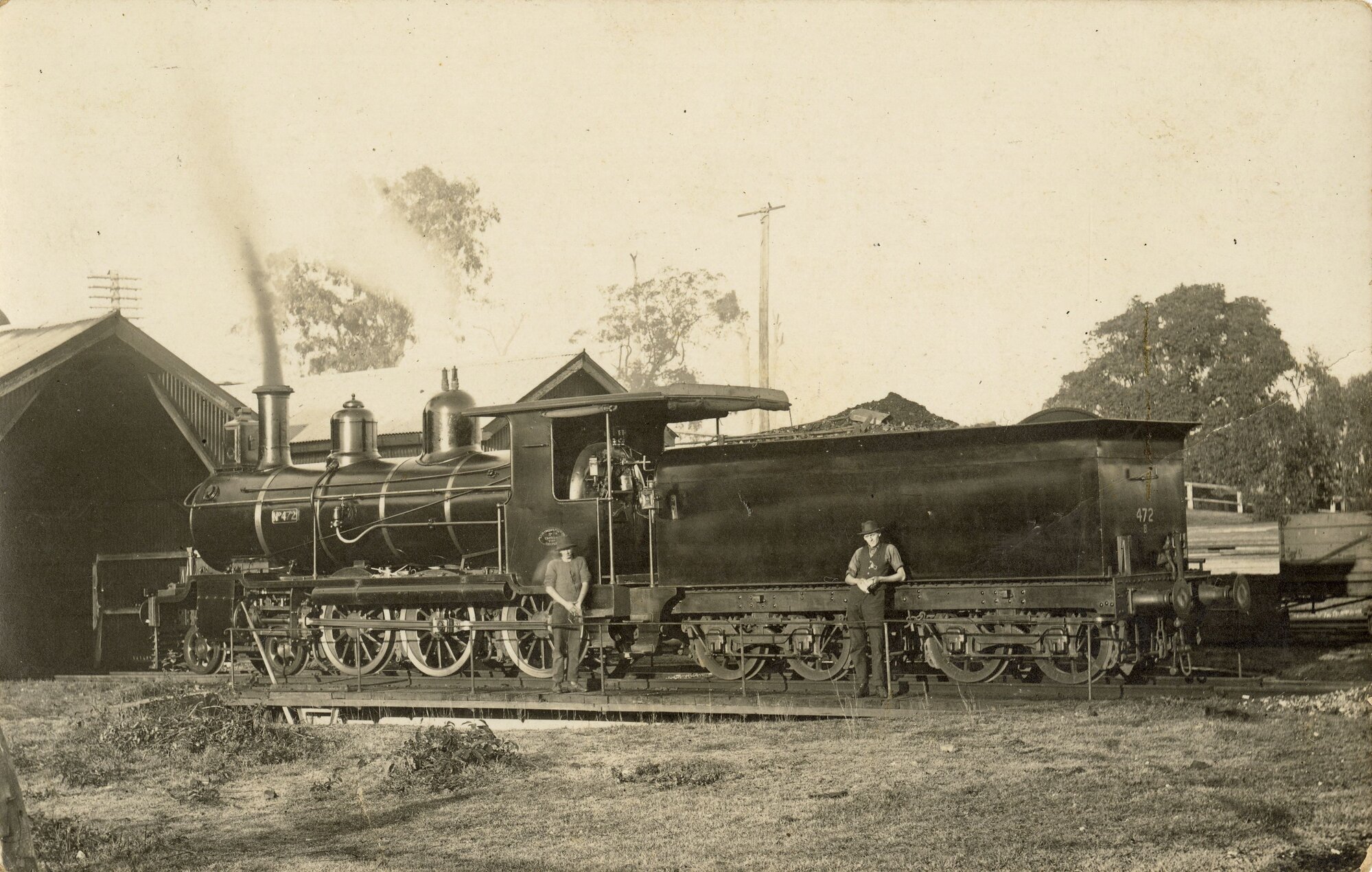 Steam locomotive at the railway sheds in Caboolture, ca. 1920