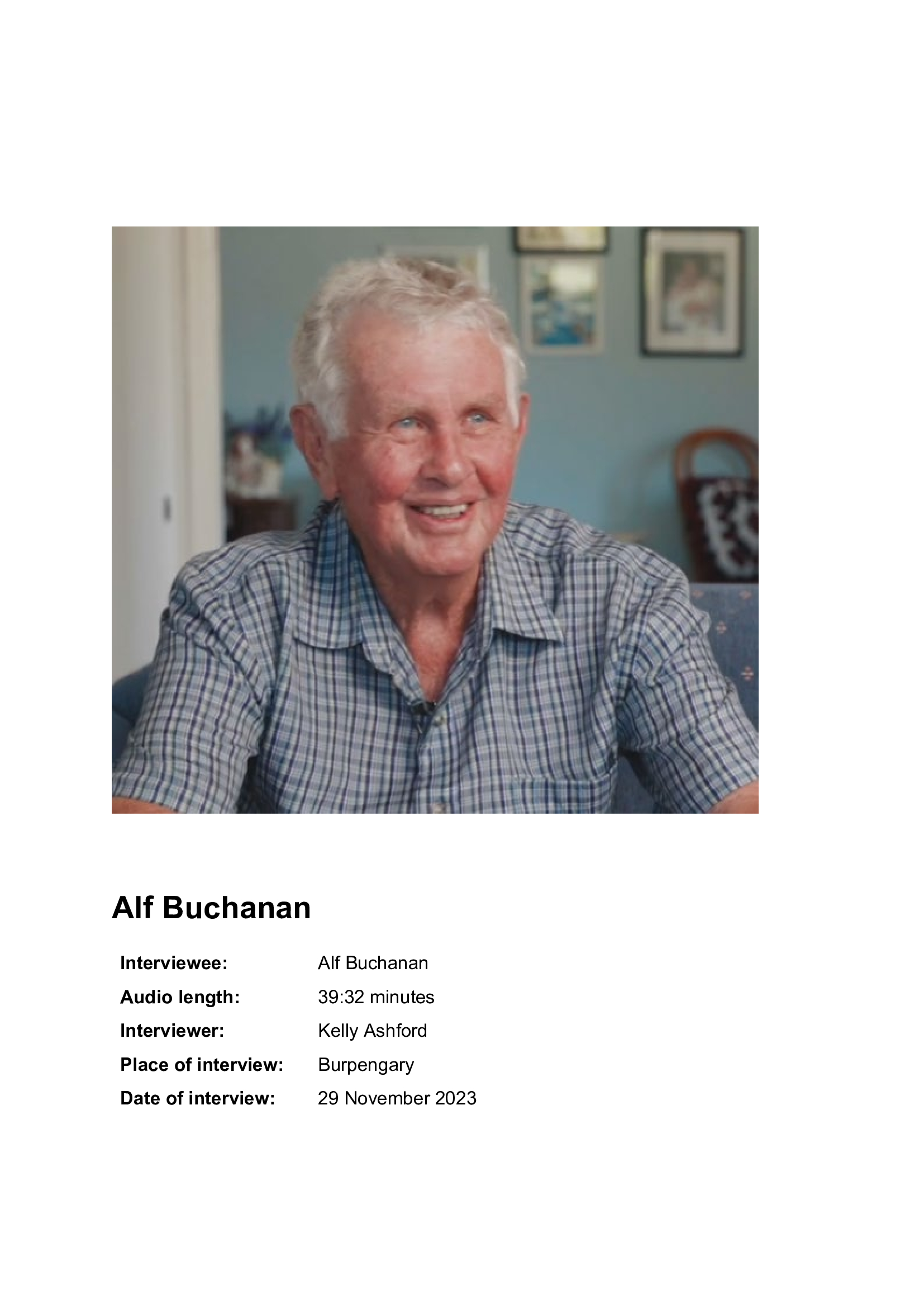 Alf Buchanan - Interviewed on 29 November 2023 - Transcript