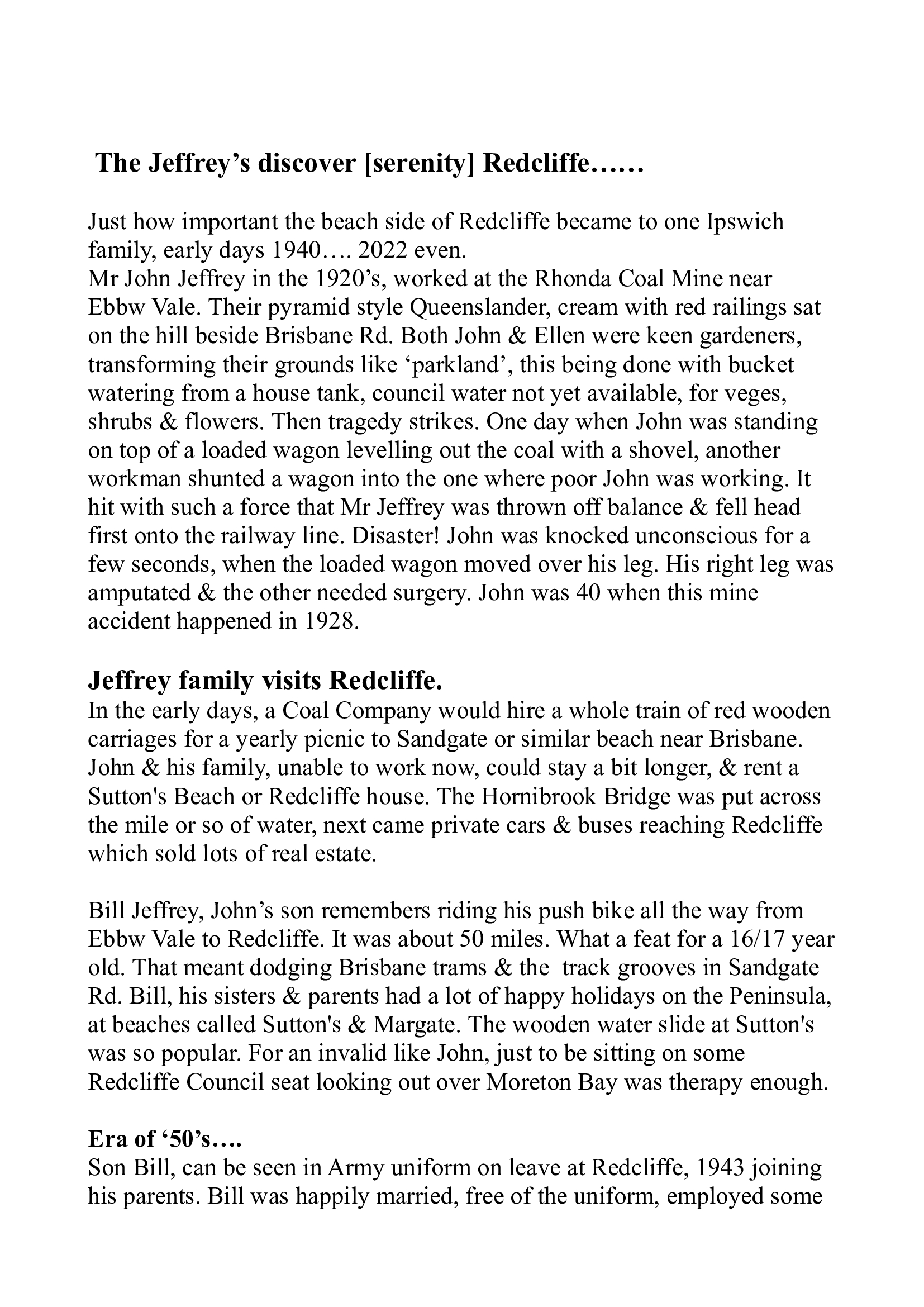 Jeffrey Family Visits to Redcliffe