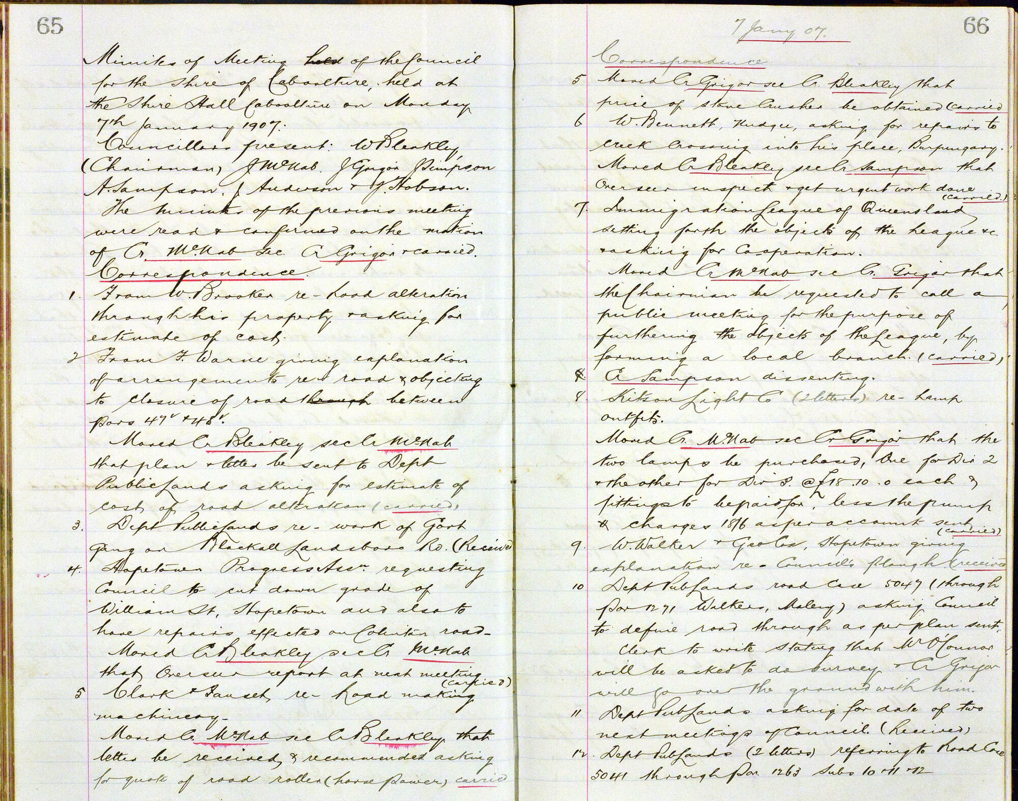 Caboolture Shire Council Minutes - 7 January 1907 - 29th November 1907