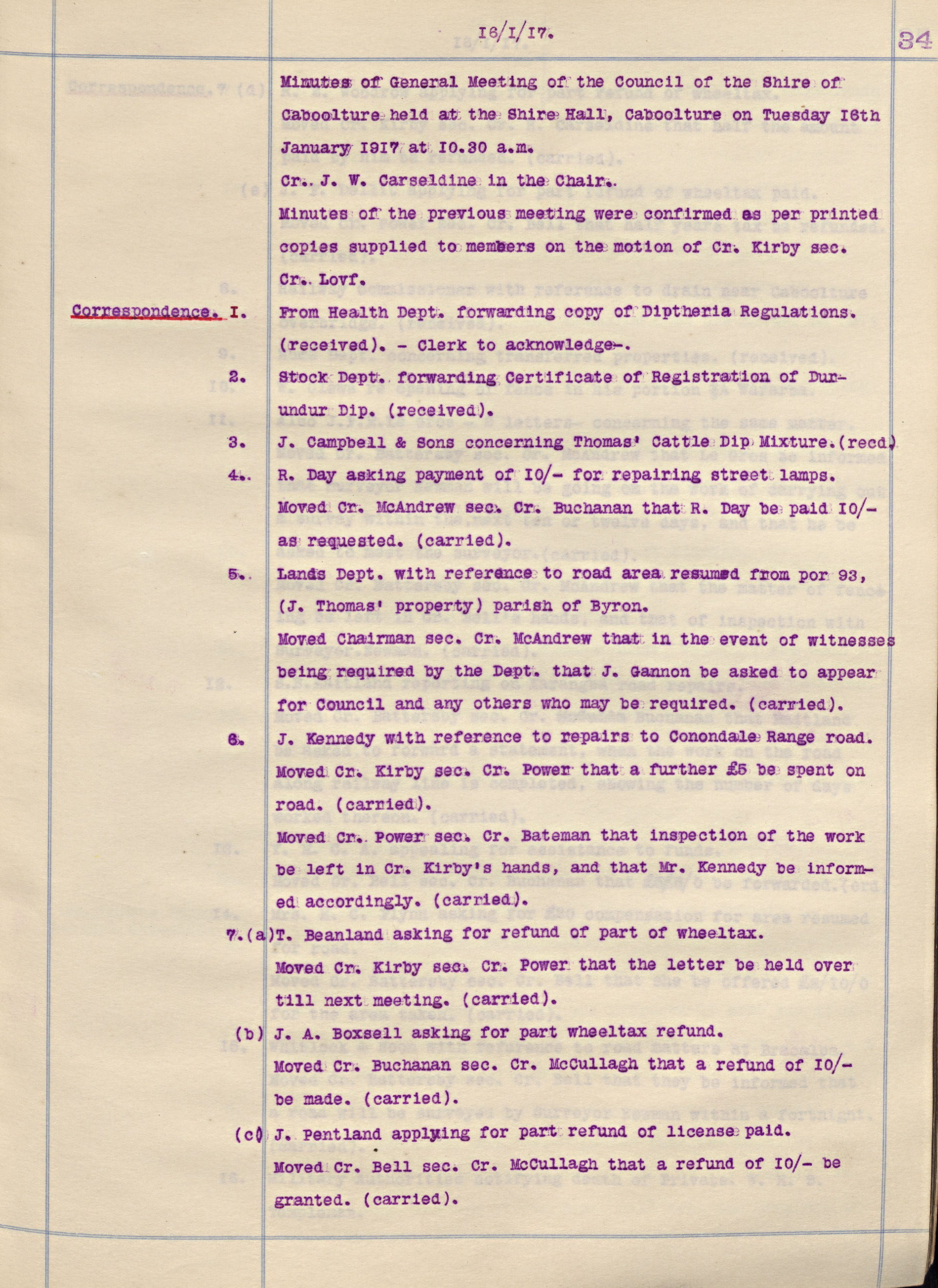 Caboolture Shire Council Minutes - 16 January 1917 - 18 December 1917