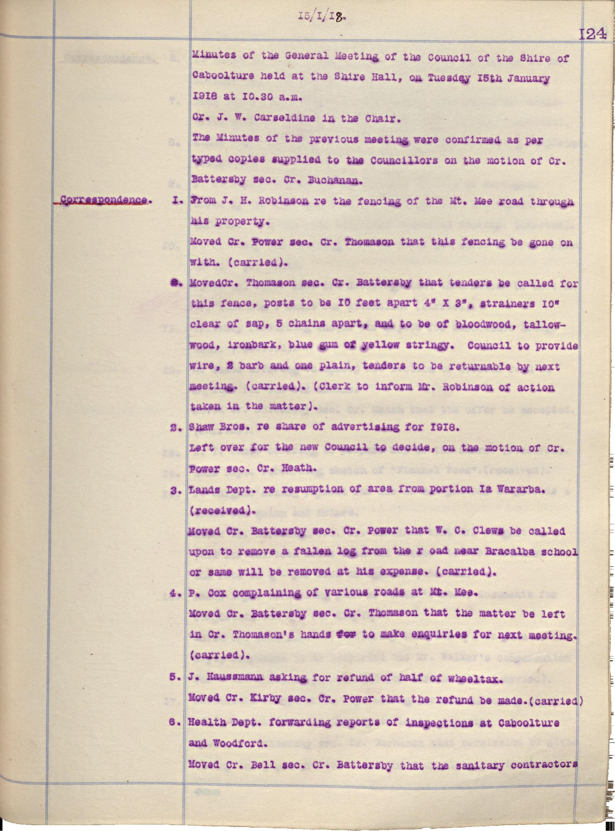 Caboolture Shire Council Minutes - 15 January 1918 - 17 December 1918