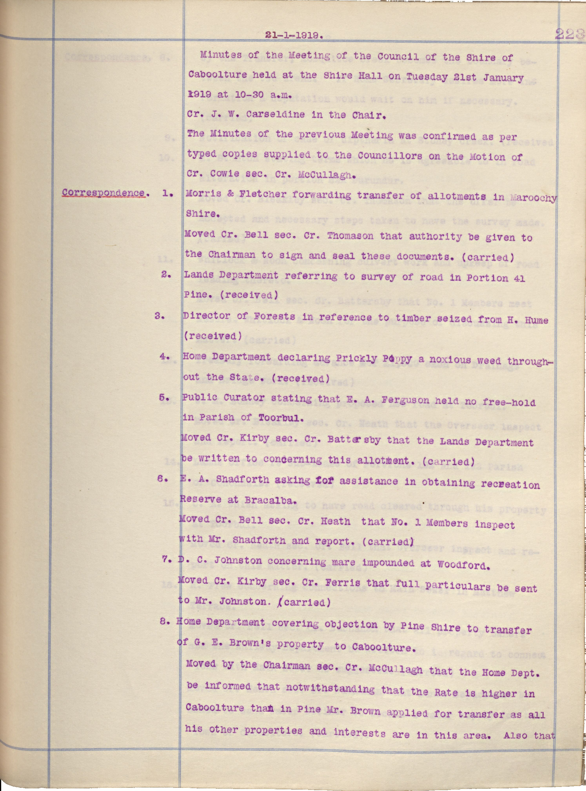 Caboolture Shire Council Minutes - 21 January 1919 - 17 December 1919