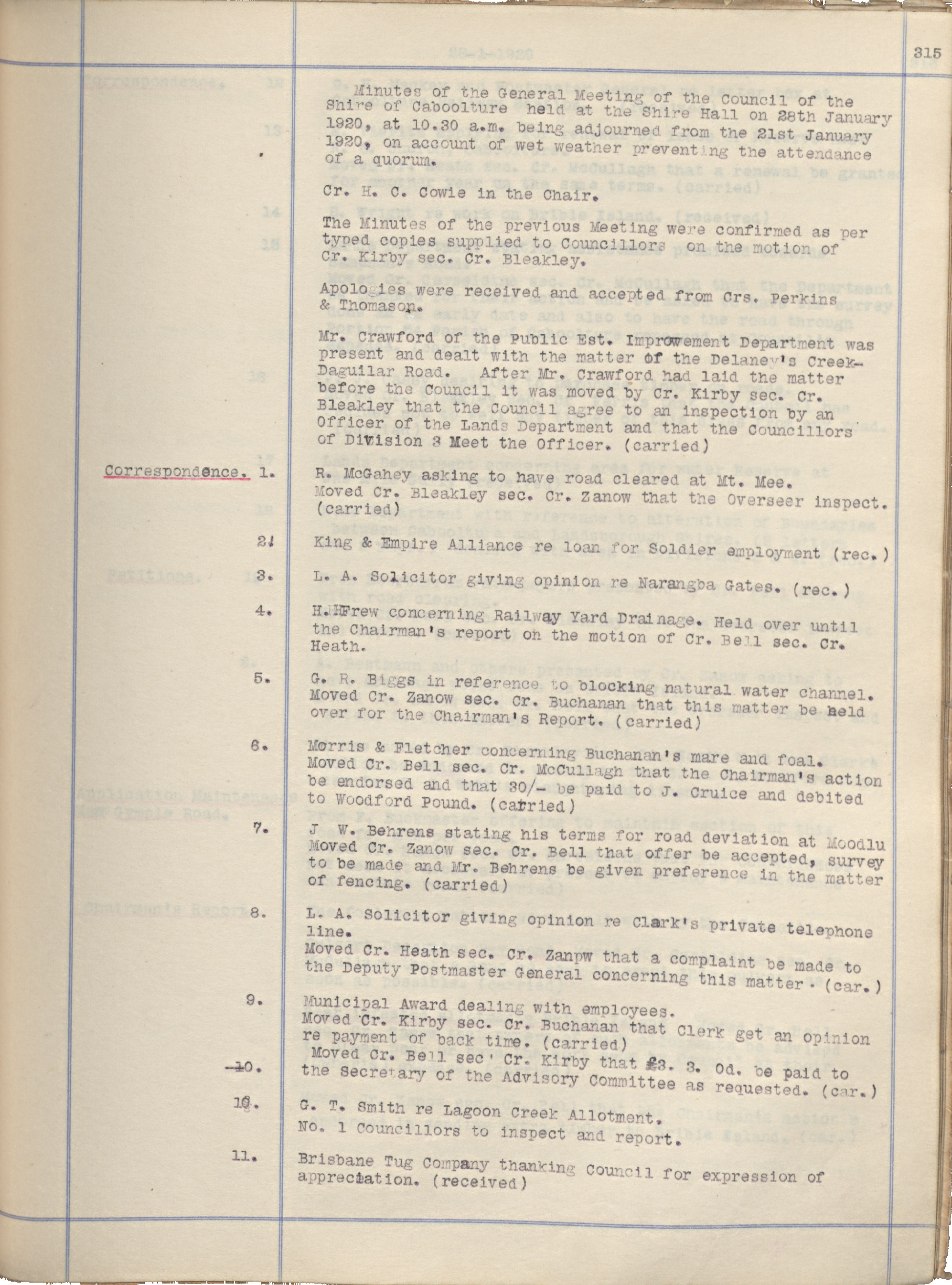 Caboolture Shire Council Minutes - 28 January 1920 - 15 December 1920