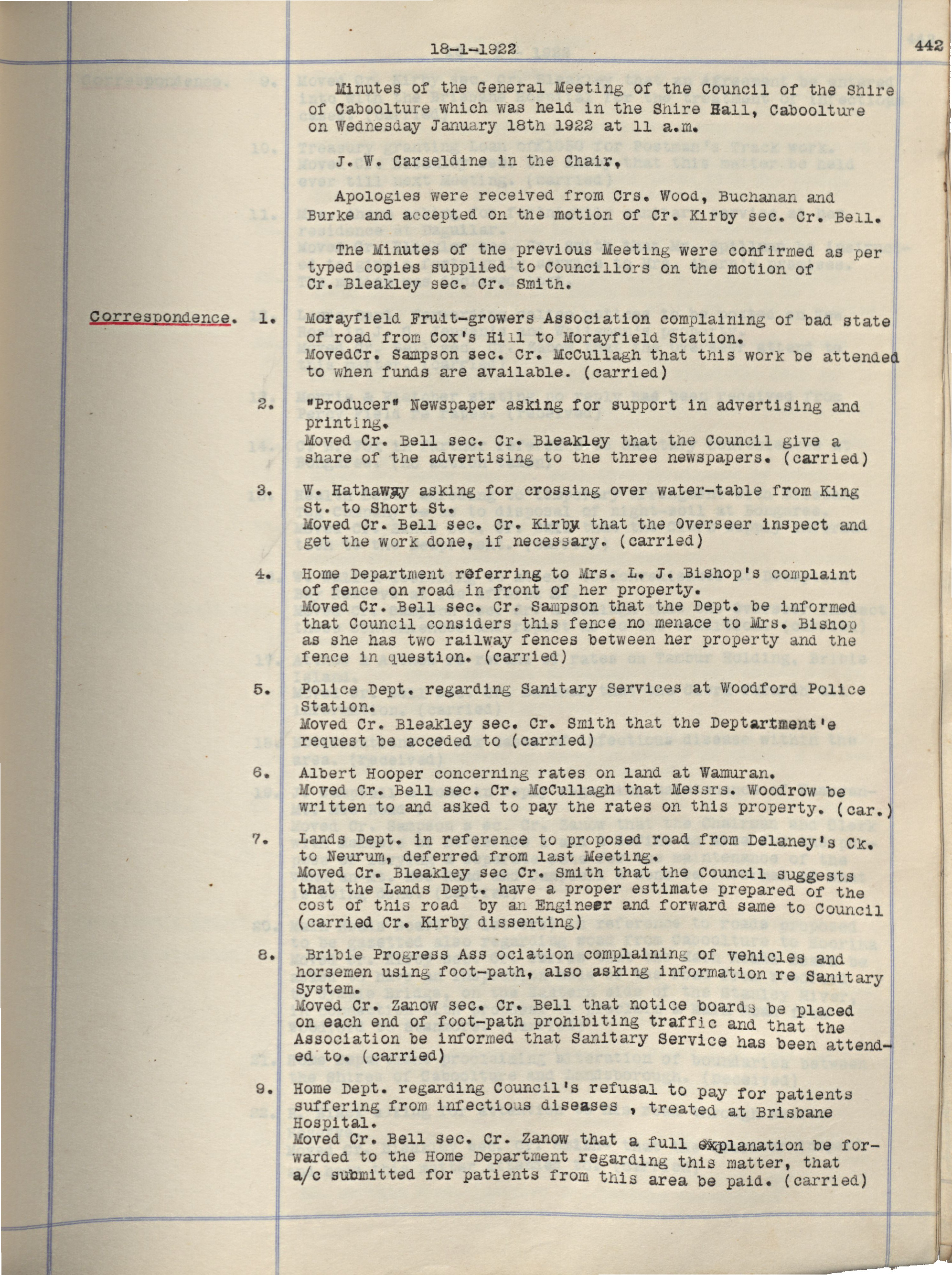 Caboolture Shire Council Minutes - 18 January 1922 - 20 December 1922