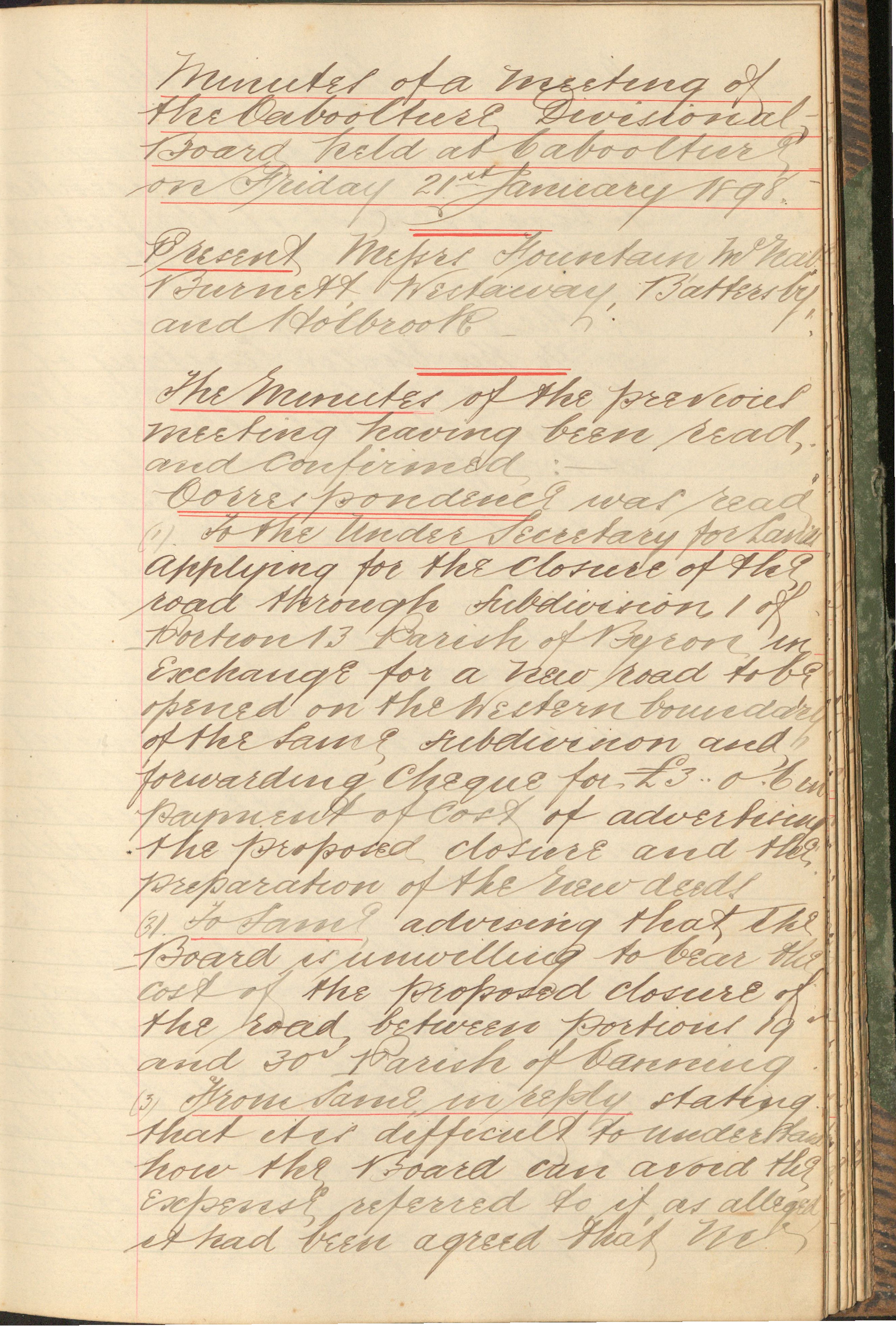 Caboolture Divisional Board Minutes -  21 January 1898 - 8 December 1898
