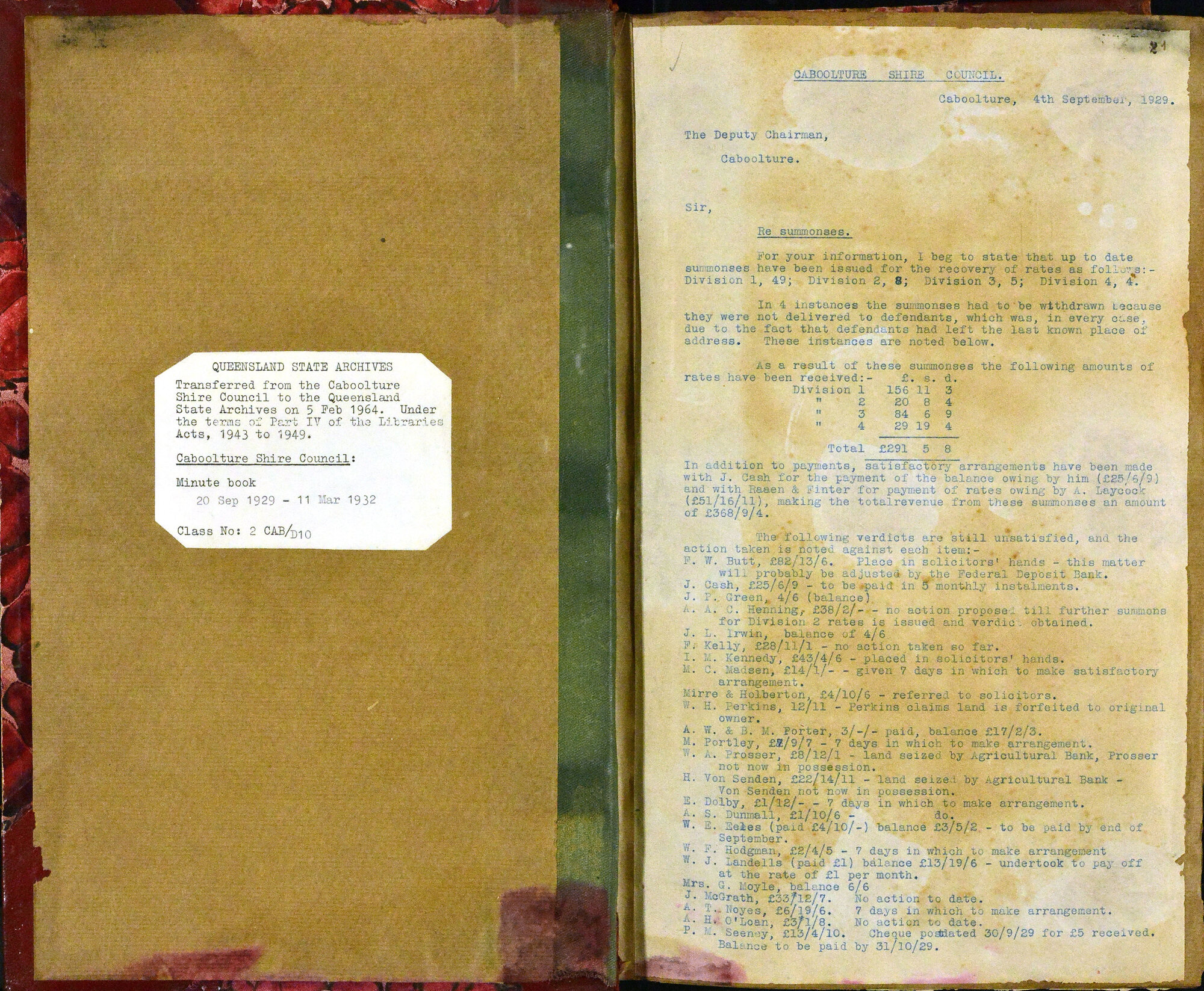 Caboolture Shire Council Minutes - 20 September 1929 - 20 December 1929