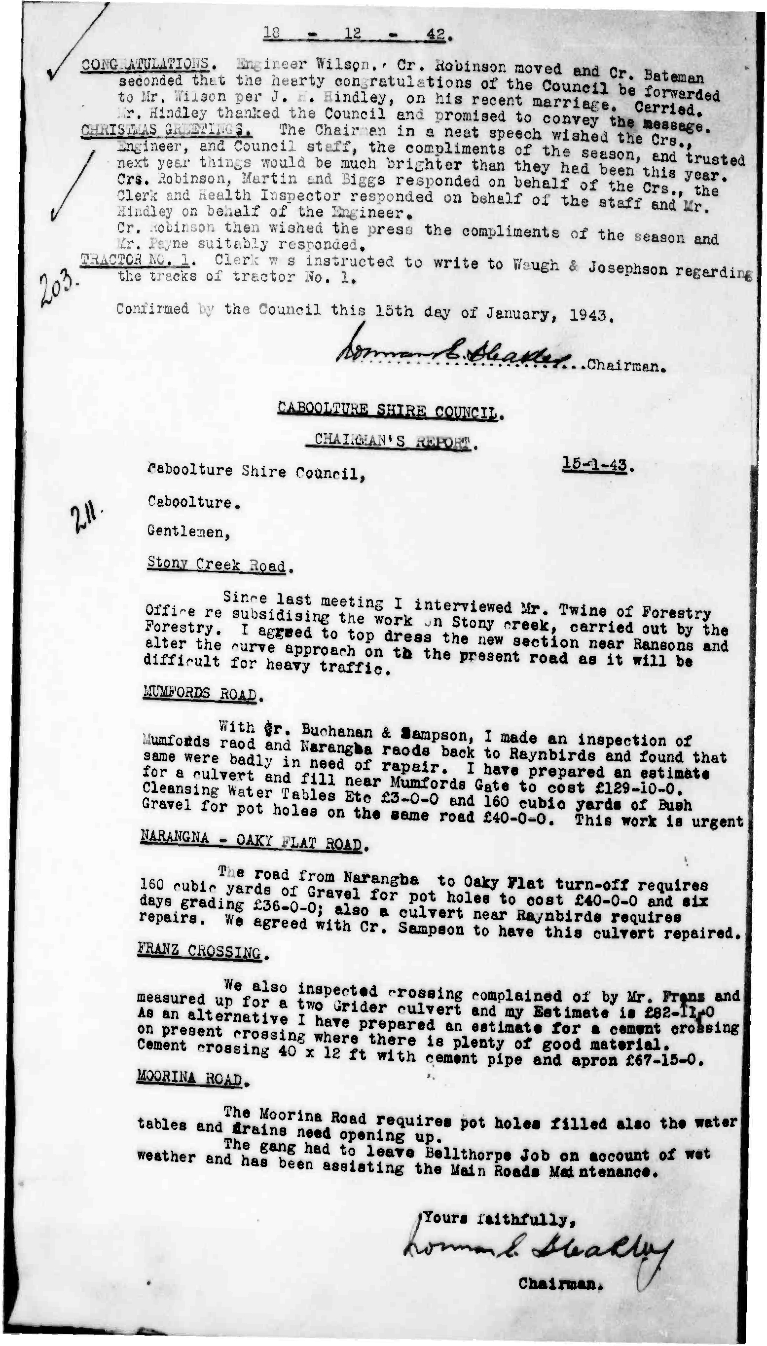 Caboolture Shire Council Minutes - 15 January 1943 - 17 December 1943