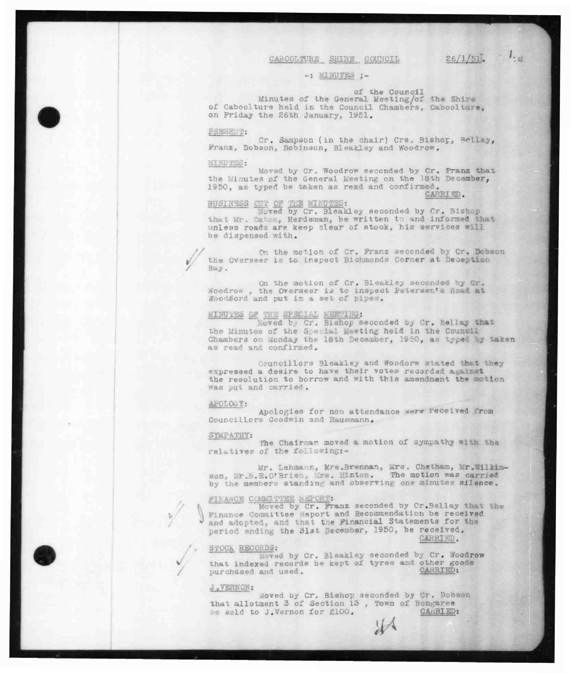 Caboolture Shire Council Minutes - 26 January 1951 - 17 December 1951