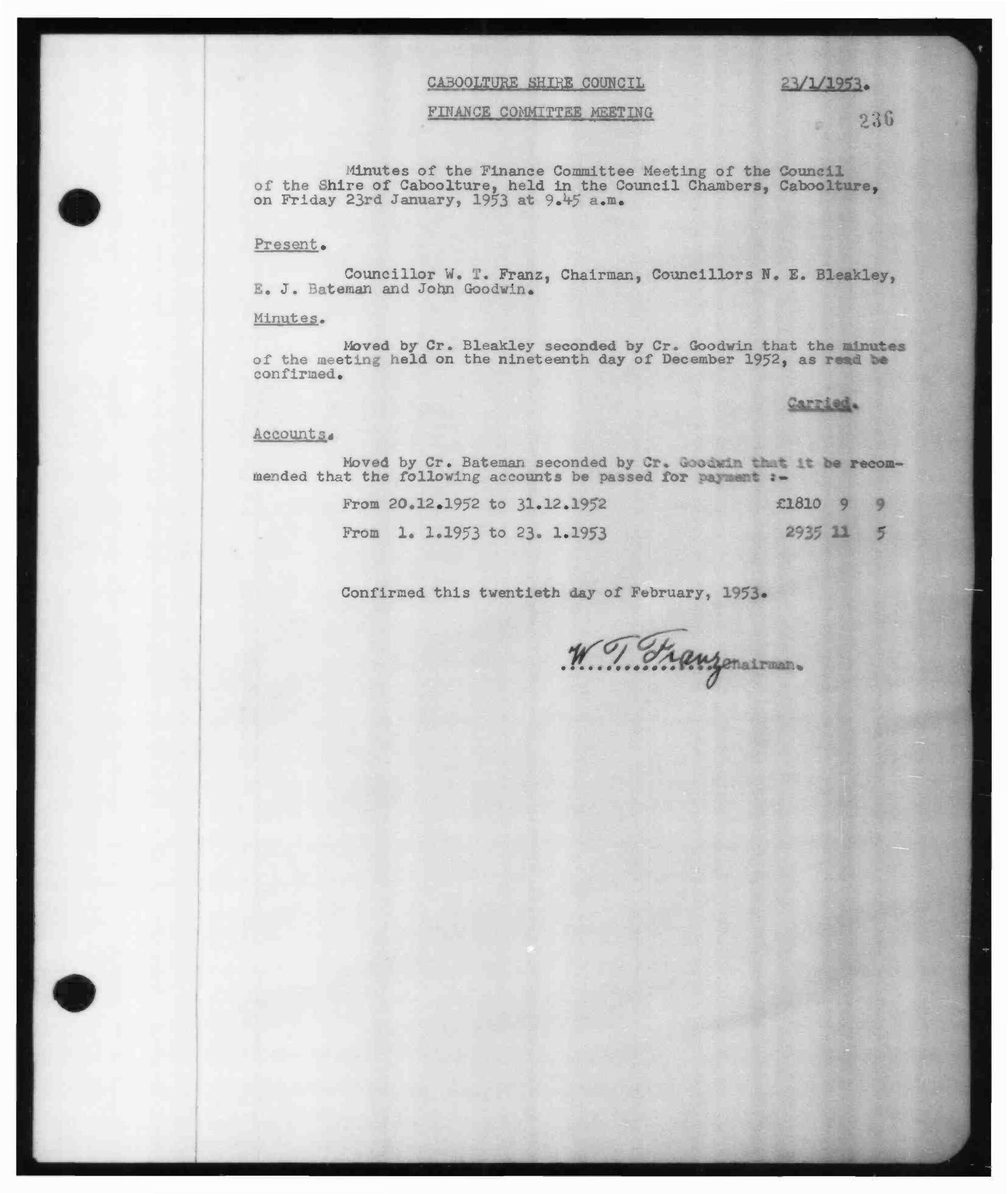 Caboolture Shire Council Minutes - 23 January 1953 - 16 December 1953