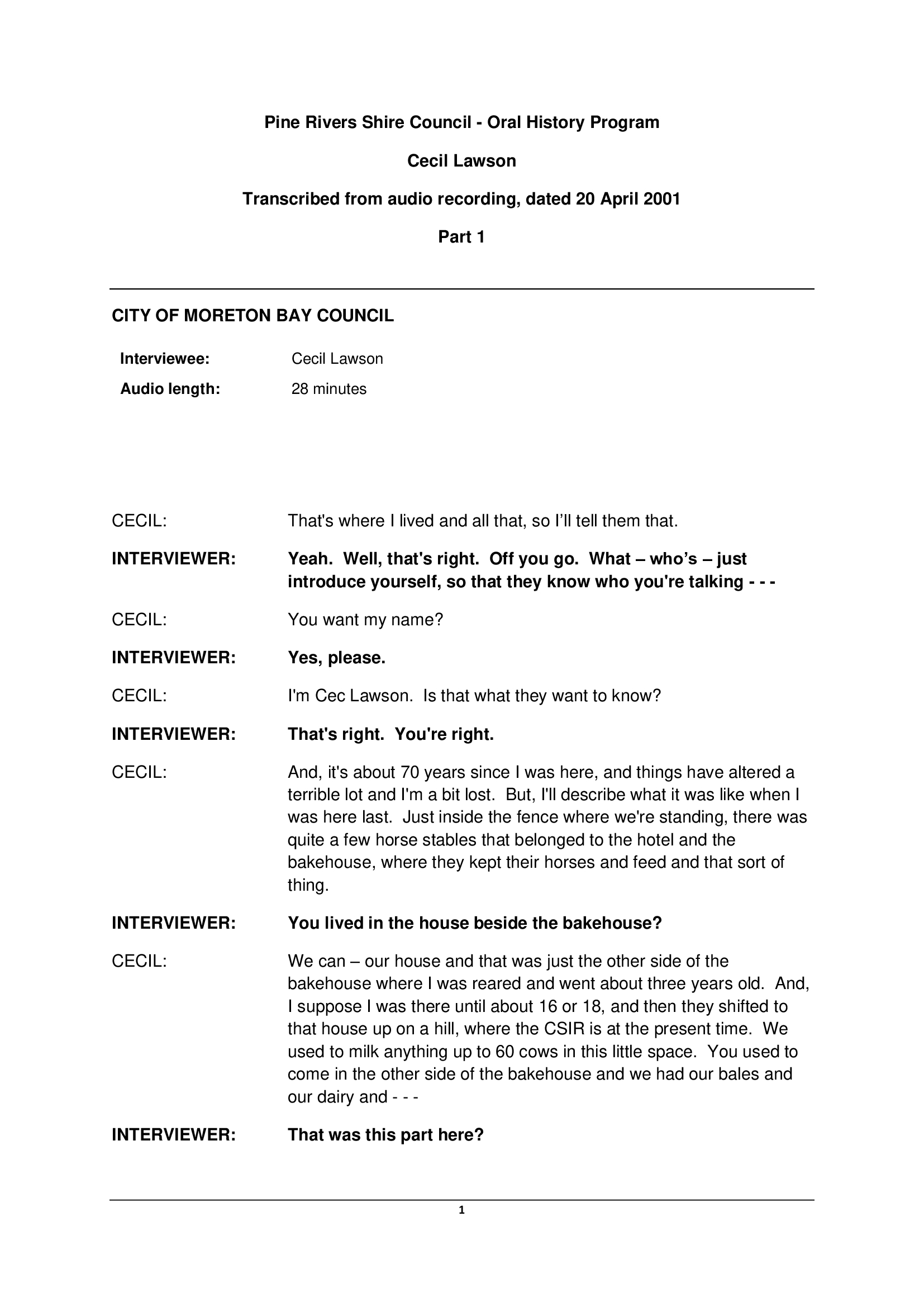 Cecil Lawson - Interviewed on 20 April 2001 - Transcript