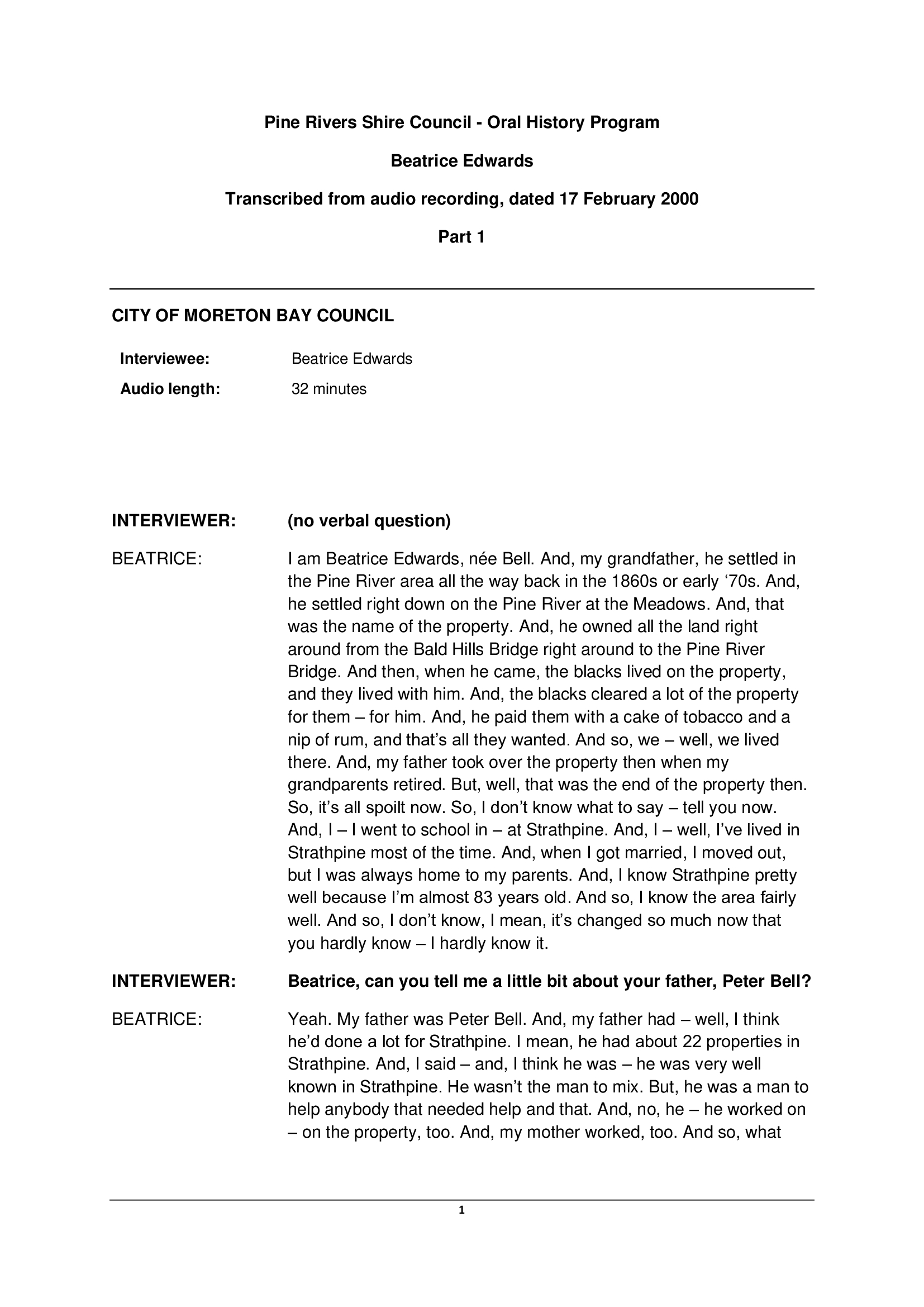 Beatrice EDWARDS - Interviewed on 17 February 2000 - Transcript (Part 1)