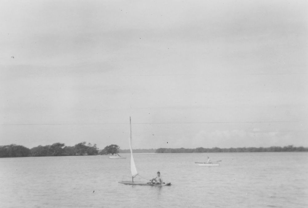 Murray Garland sailing in Pumicestone Passage near Donnybrook, ca. 1963