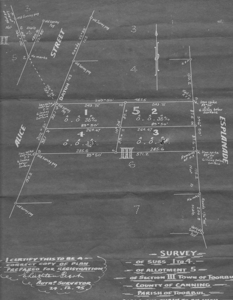 Survey Plan of properties on the Esplanade at Donnybrook in 1945