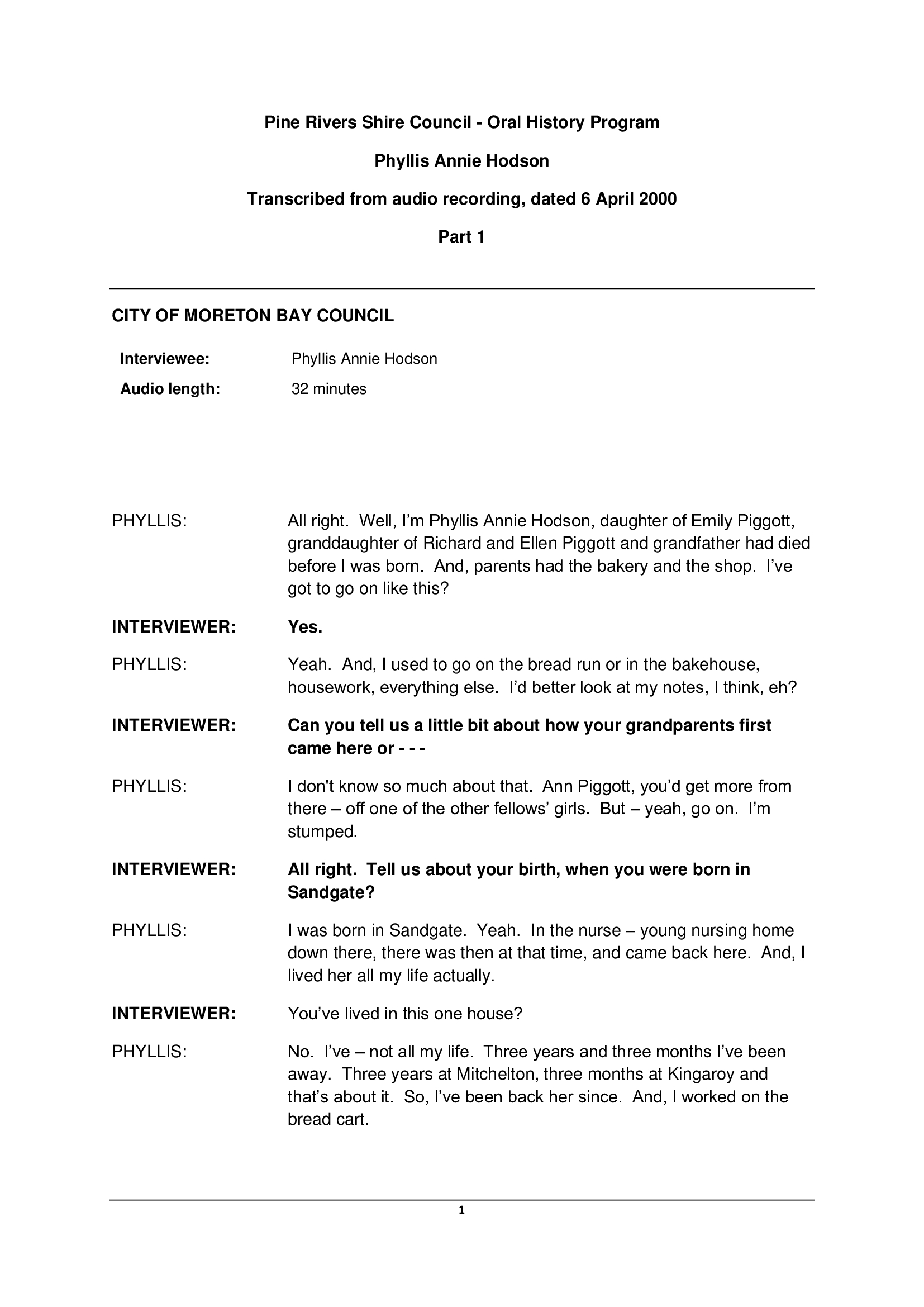 Phyllis Annie HODSON - Interviewed on 6 April 2000 - Transcript (Part 1)