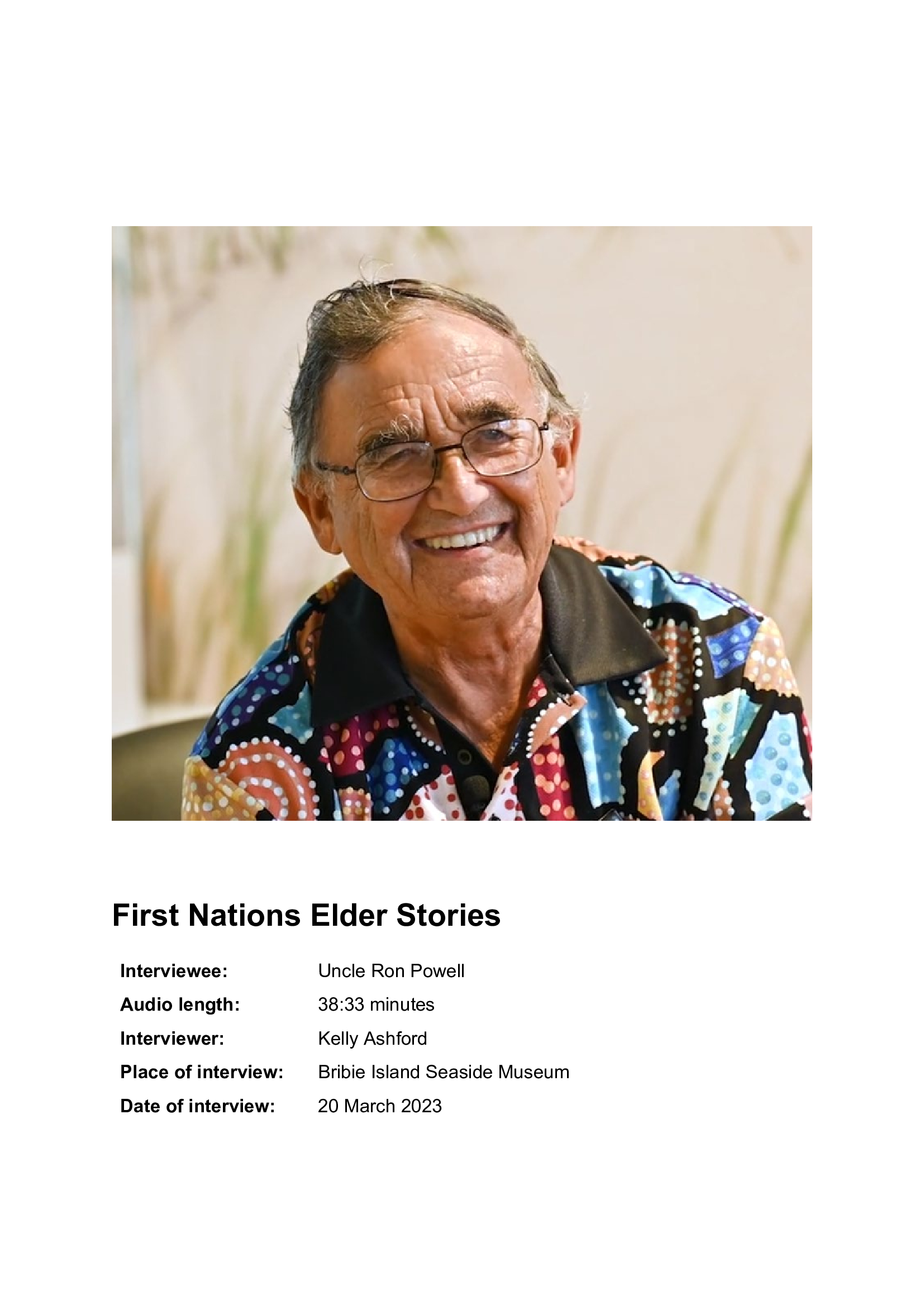 Our First Nations Elder Stories - Uncle Ron Powell - transcript