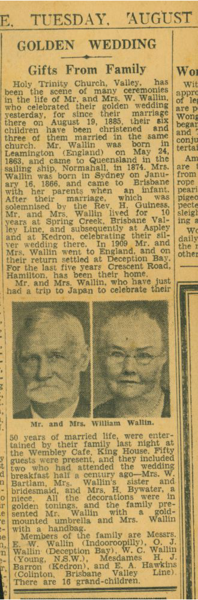 Newspaper article - Golden Wedding Anniversary of Mr and Mrs William Wallin