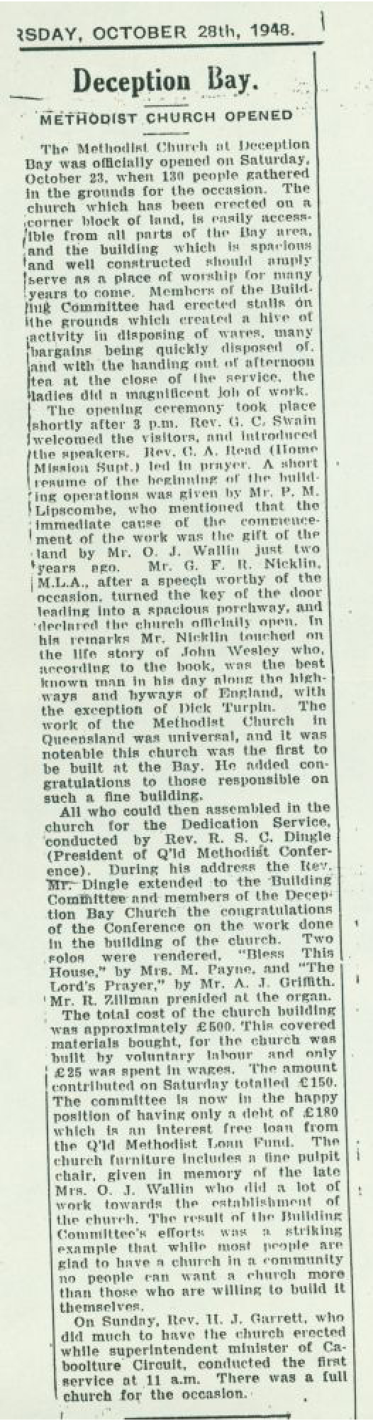 Newspaper article - Opening of the Methodist Church at Deception Bay