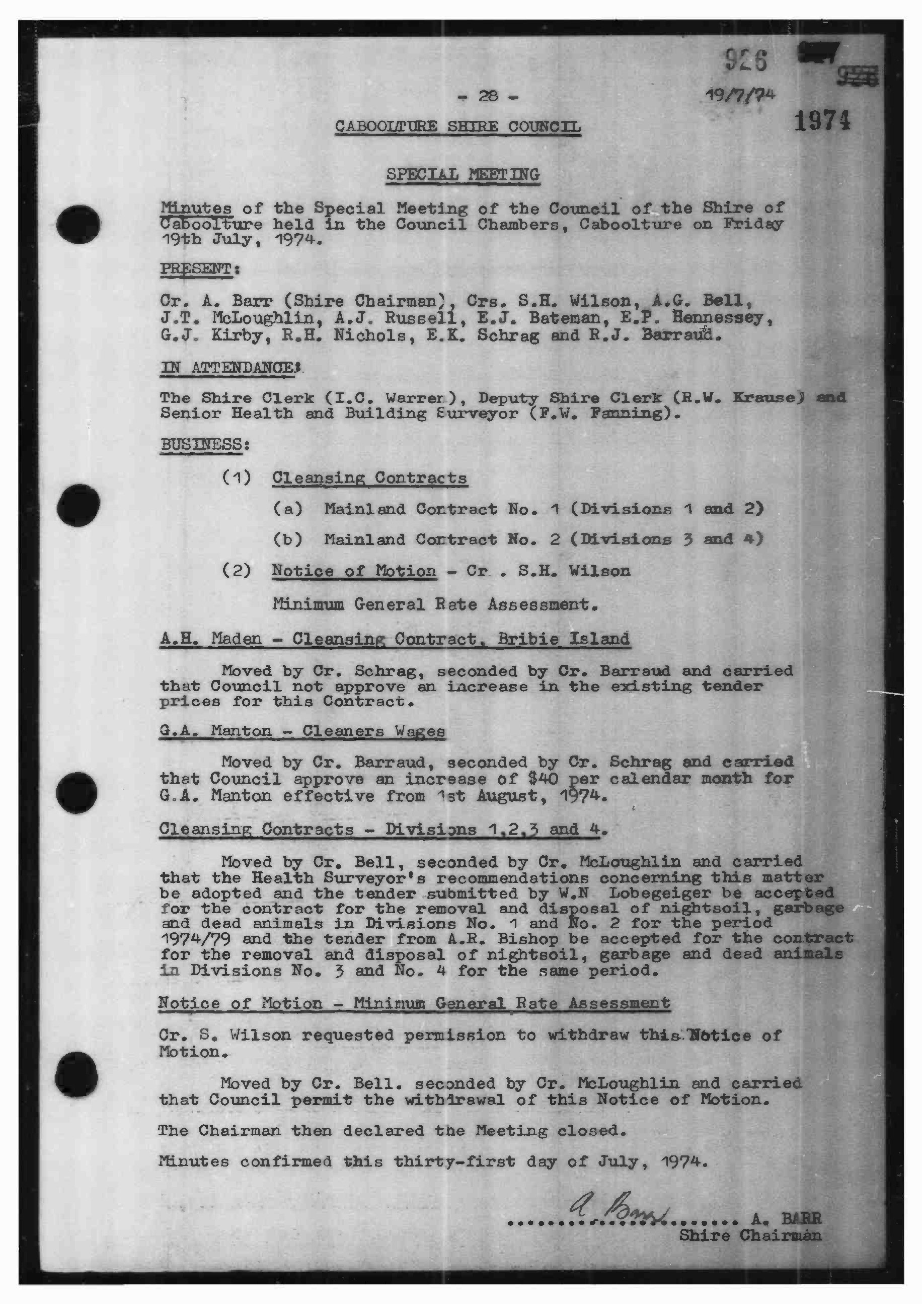 Caboolture Shire Council Minutes - 19 July 1974 - 11 October 1974