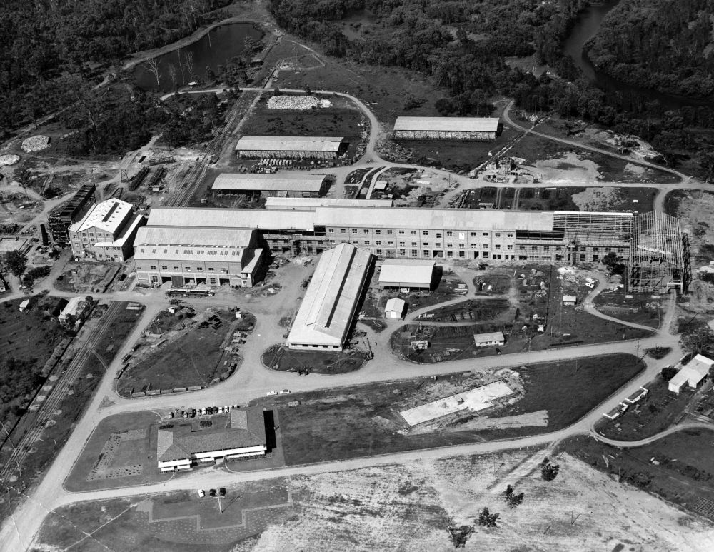 Aerial view of the APM Petrie Mill nearing completion, ca. 1956