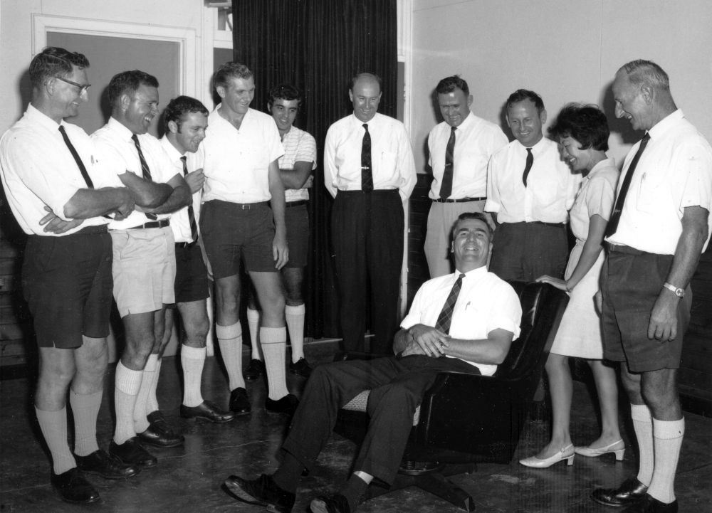 Brian Blakey (Chief Engineer), celebrating his transfer to Fairfield, 1970