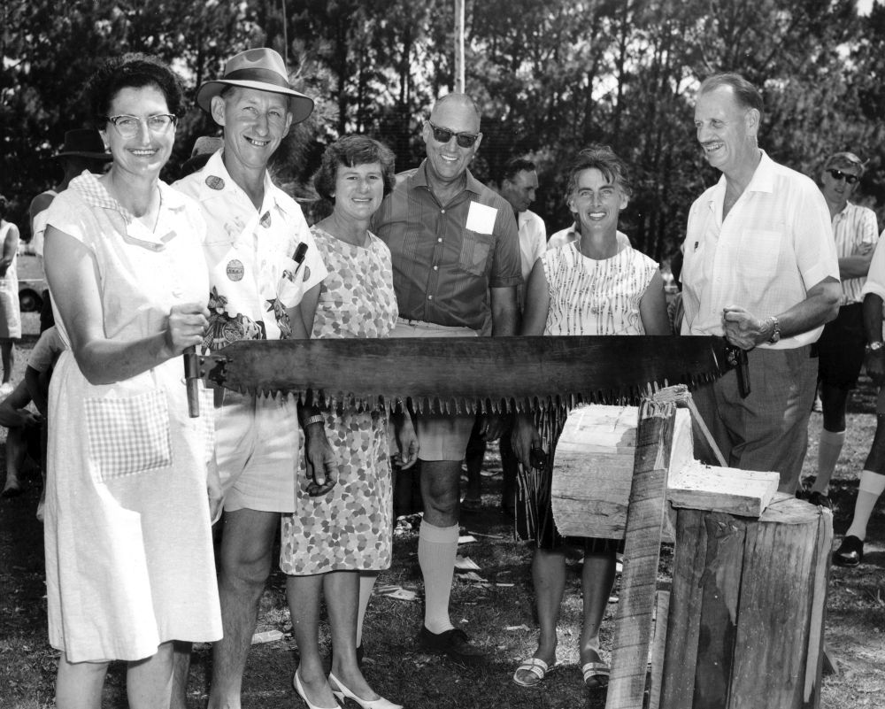 Finalists in the mixed crosscut saw event, annual Christmas party, 1966