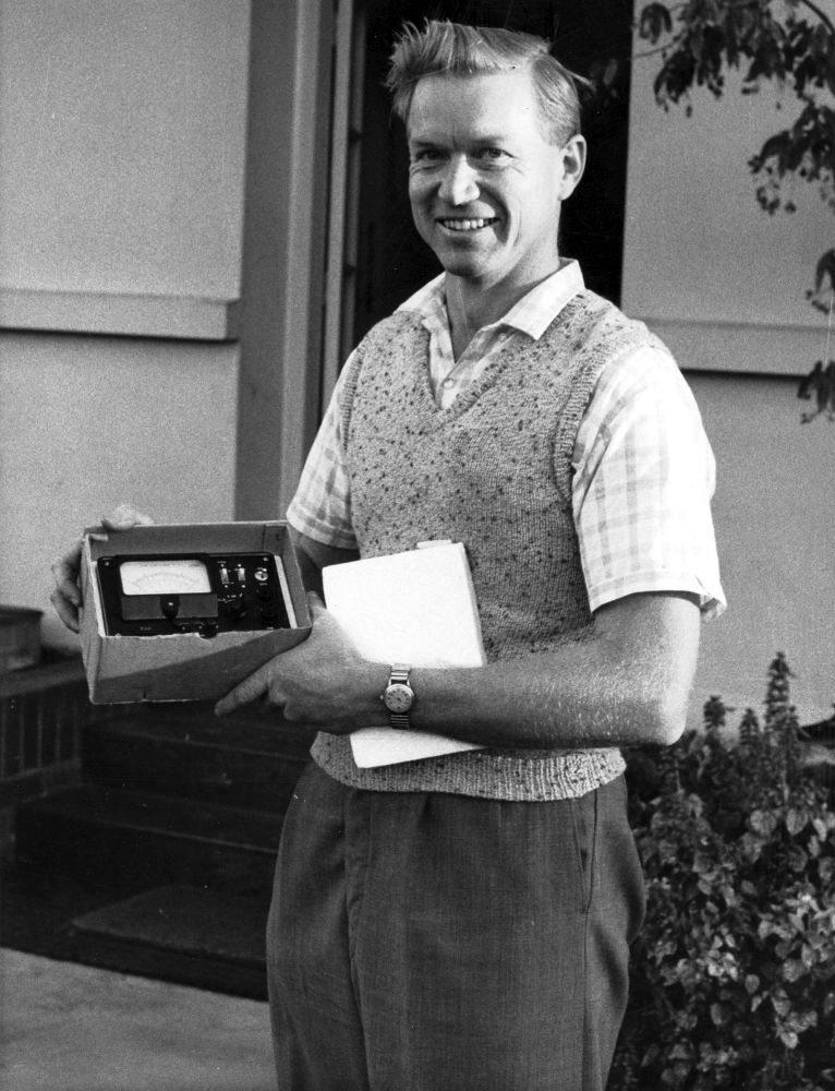 Keith Vieritz (Electrical Foreman) with a transistorised electrical testing unit