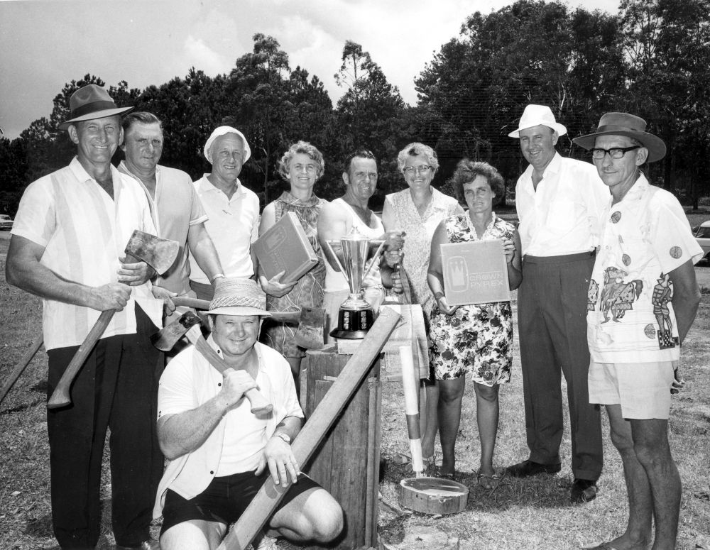 Winners of a wood chop event at the Christmas party