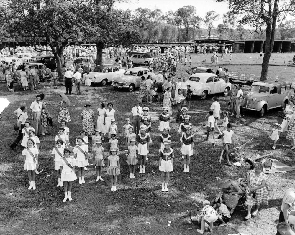 Marching girls at the Christmas party, 1957