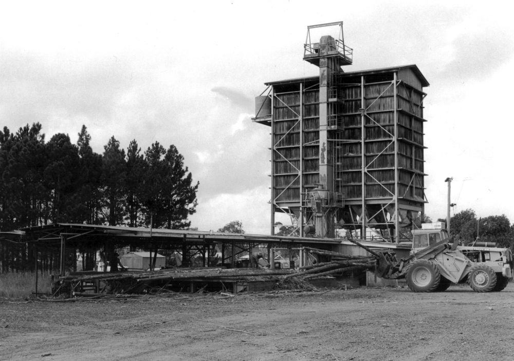 The chipper at Morayfield where thinnings from the forests are debarked and chipped for the manufacture of wood pulp