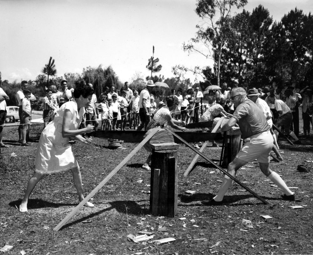 Final of the mixed crosscut saw event, annual Christmas social function, 1966