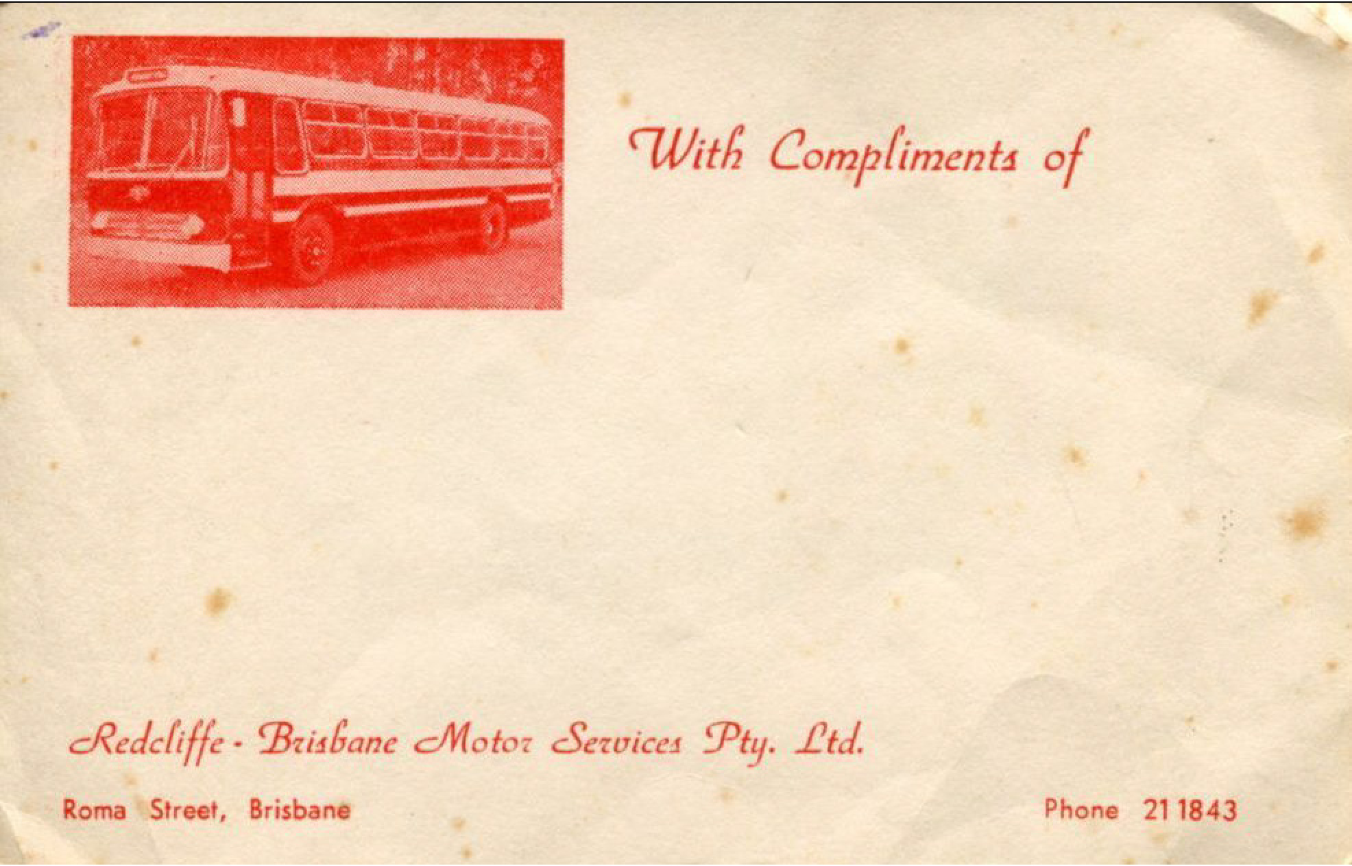 With Compliments slip for Redcliffe-Brisbane Motor Service