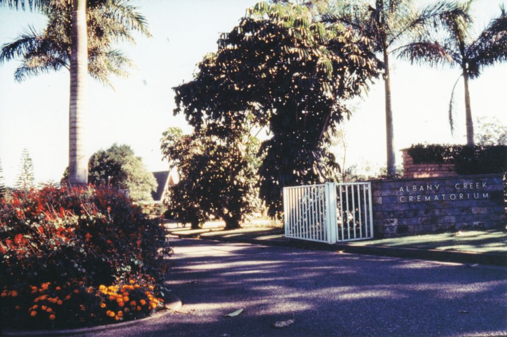 Front gate entrance to the Albany Creek Crematorium, ca. late 1980s