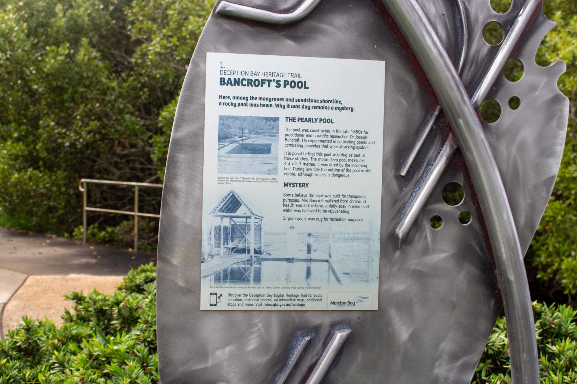 Close-up of Marker 1 of the Deception Bay Heritage Trail - Bancroft's Pool - 2-28 Beach Road Deception Bay