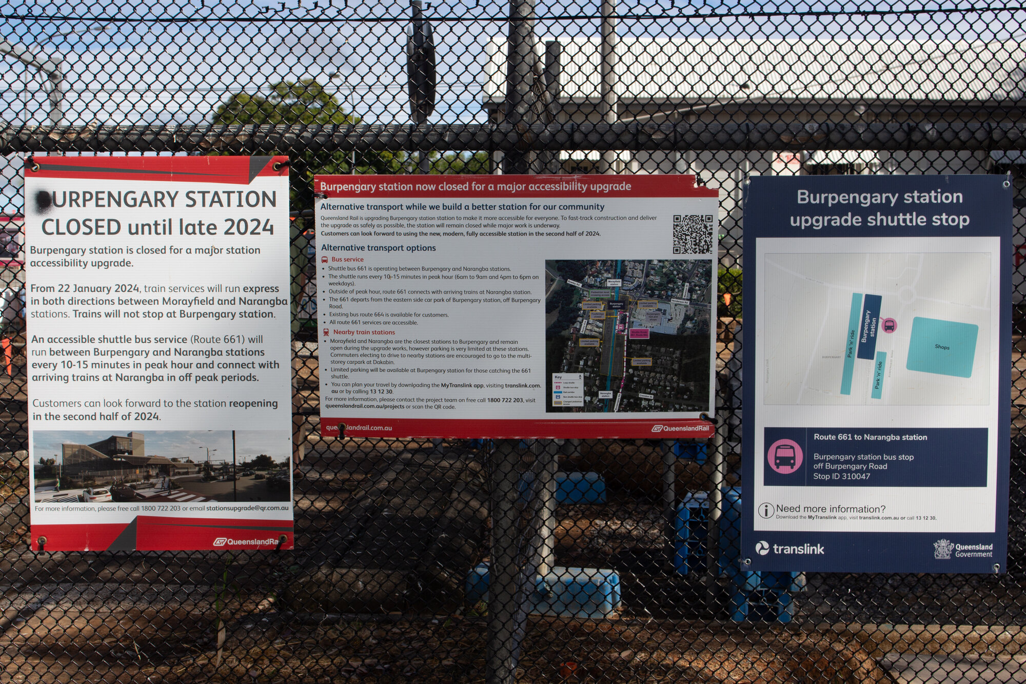 Burpengary Railway Station - signs advising station closed for major accessibility upgrade