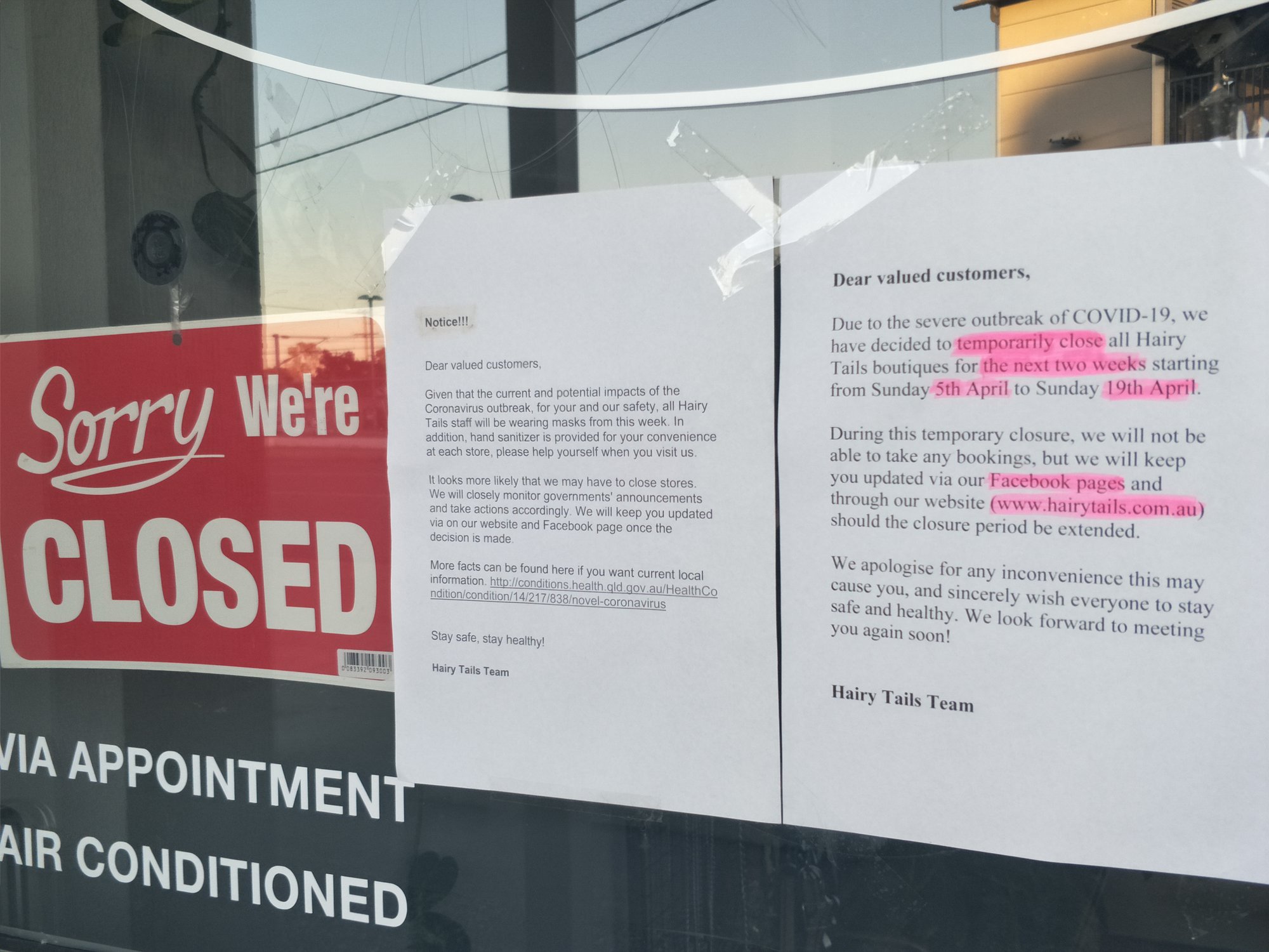 Hairy Tales Ebert Parade Lawnton - 14 April 2020 - 5.15pm Hairy Tails dog groomers closure sign