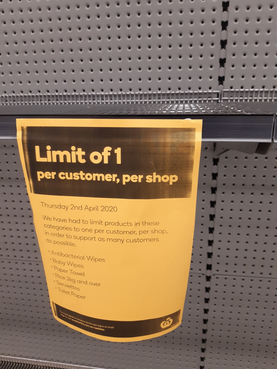 Woolworths Supermarket - Morayfield Shopping Centre - Morayfield Road Morayfield - 11 April 2020 - purchasing limit sign hygiene aisle