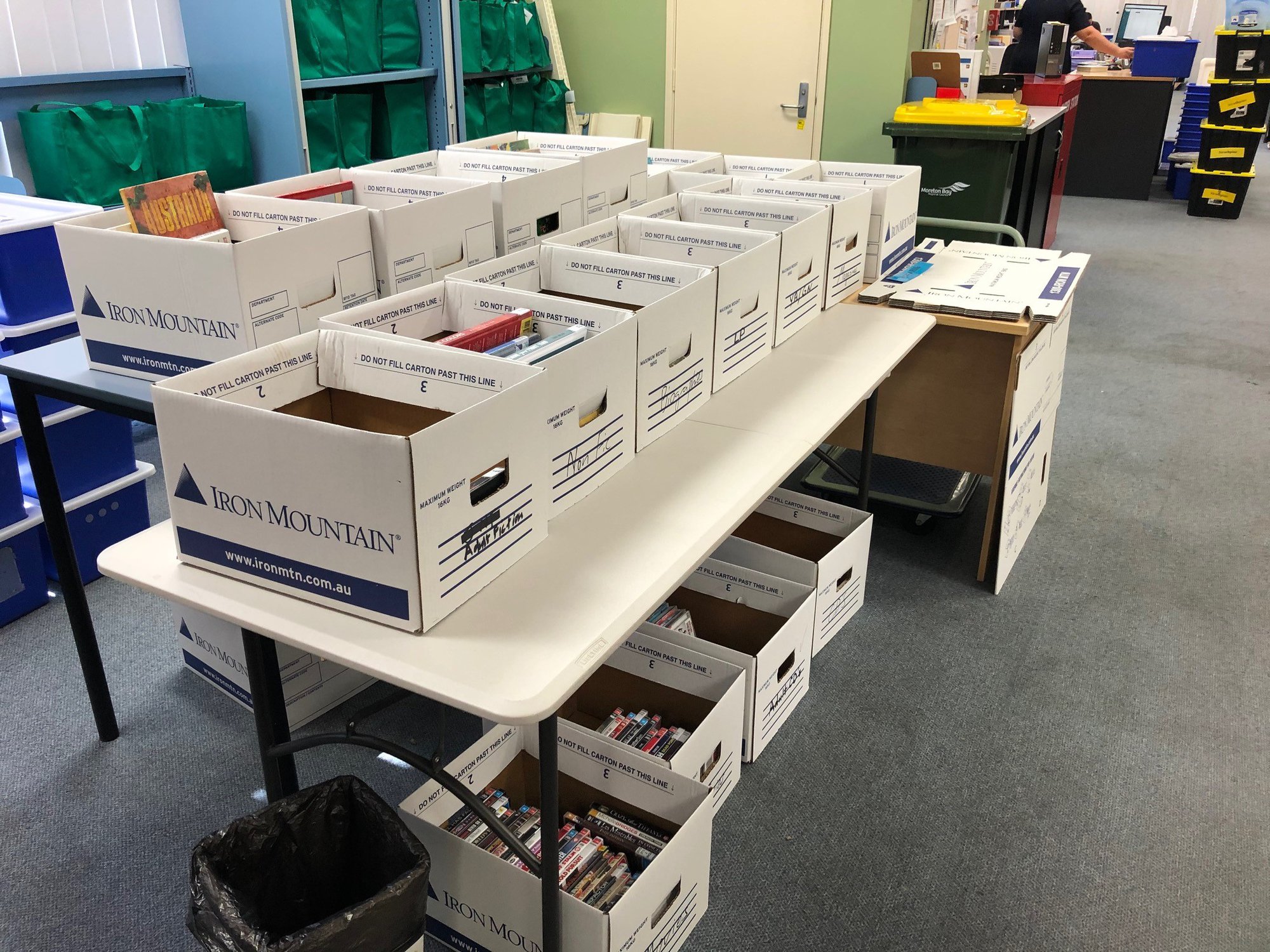 Strathpine Library - Station Road Strathpine - 20 April 2020 - Arana Hills returns being boxed up at Strathpine library
