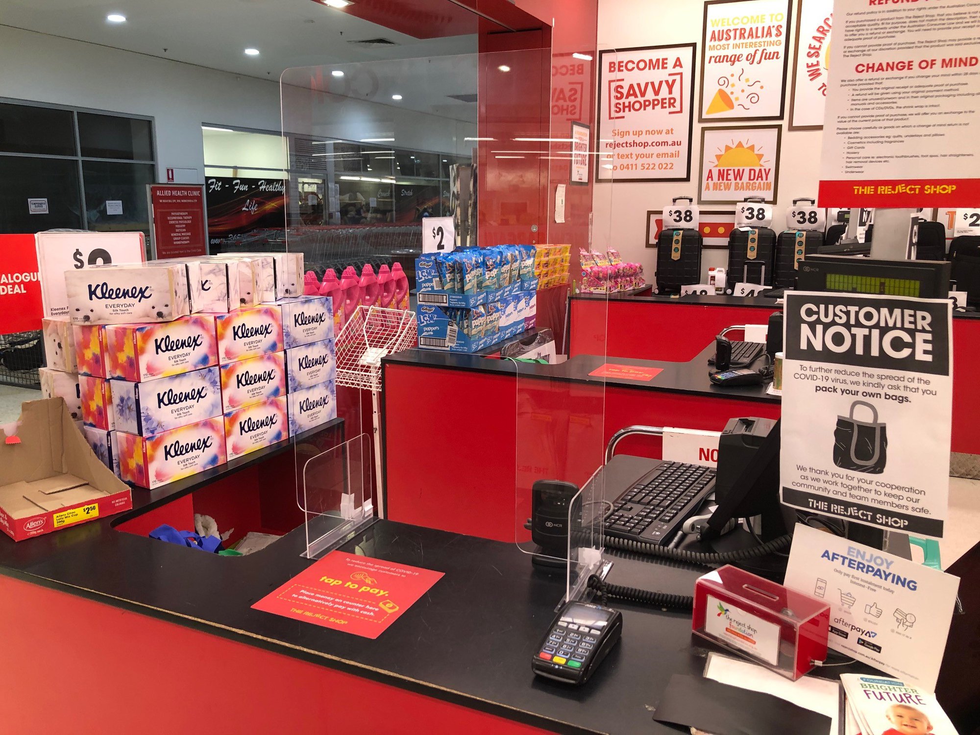 Reject Shop Kensington Village Shopping Centre Corner Kensington Way &amp; Sovereign Bray Park - 18 April 2020 - protection booth for checkout staff