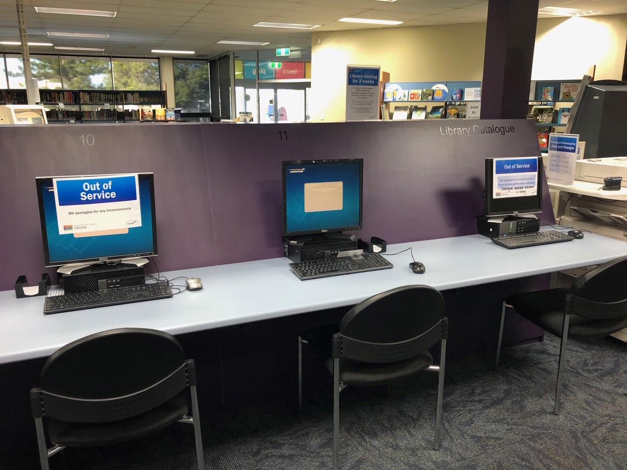 Strathpine Library - Station Road Strathpine - 15 April 2020 - public pcs with out of order signs to allow for social distancing