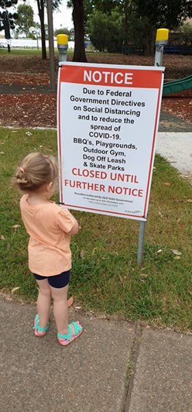 Les Hughes Sports Area - Casuarina Drive North Bray Park - 6 May 2020 - sign in park area and granddaughter Chelsea Green