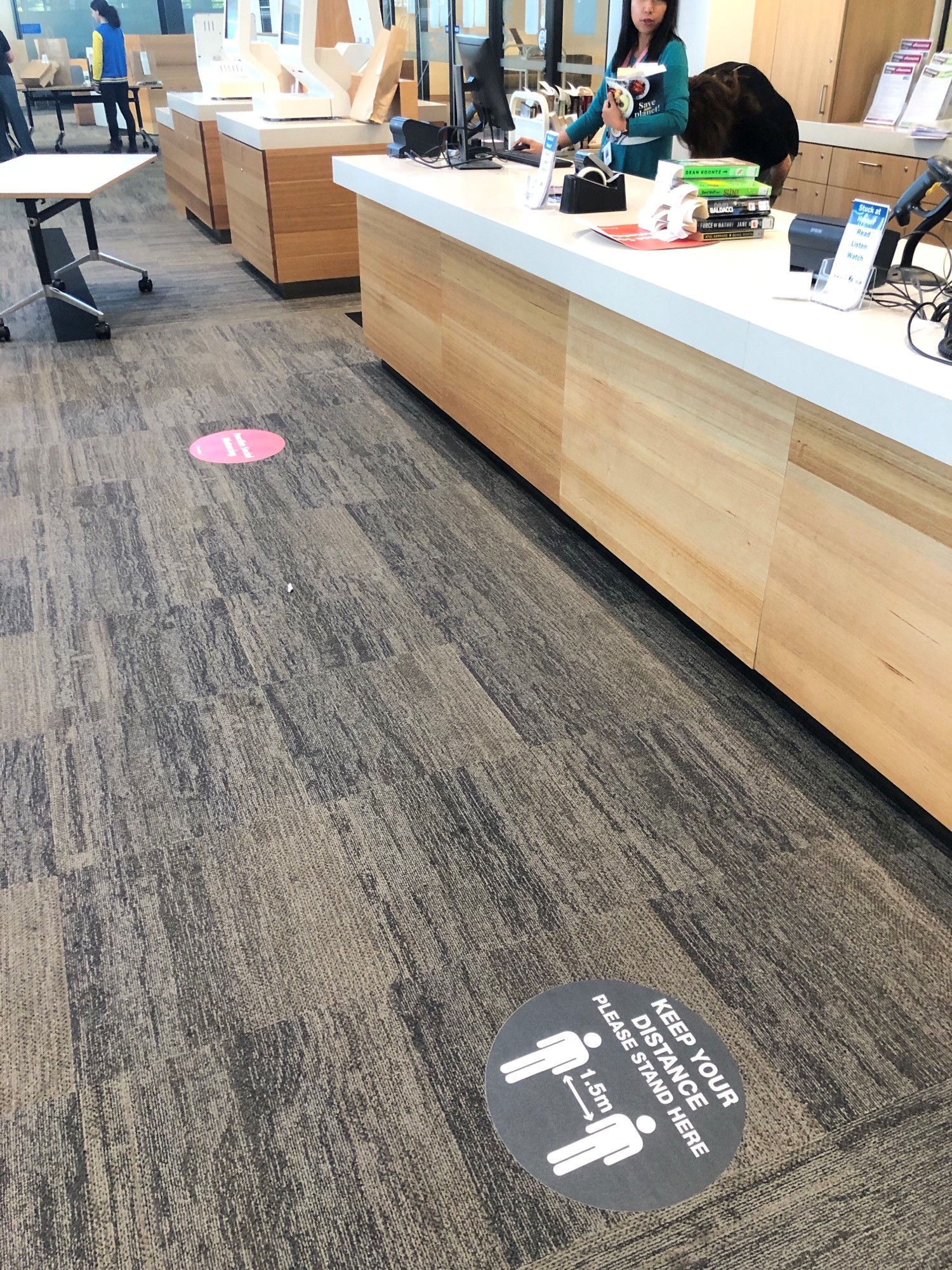 North Lakes Library - The Corso North Lakes - 15 May 2020 - reopening social distancing stickers counter